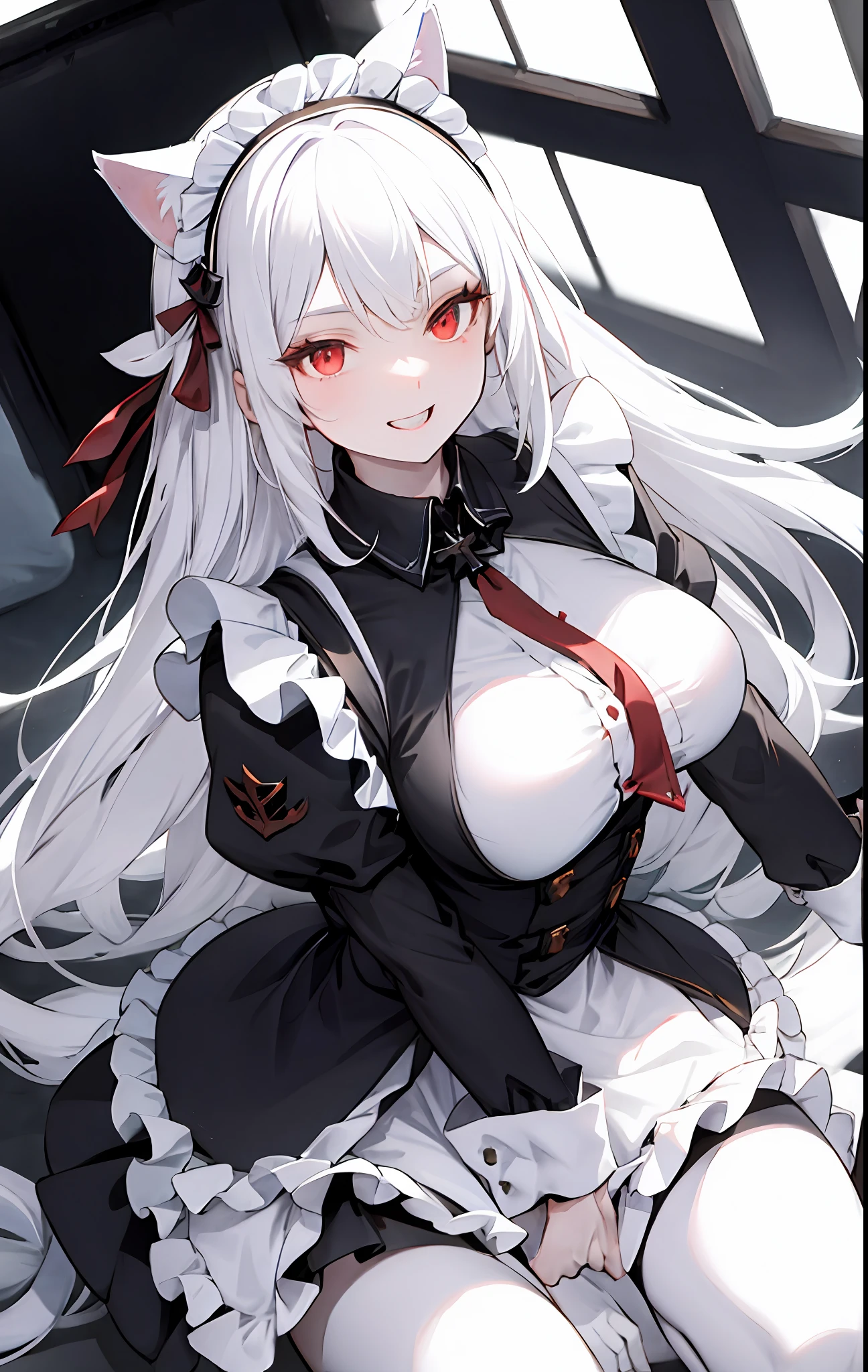 White hair,Two-dimensional,Large breasts,the maid outfit,blackstockings,cat ear,shylily,Be red in the face,Blue pupil,A MILF