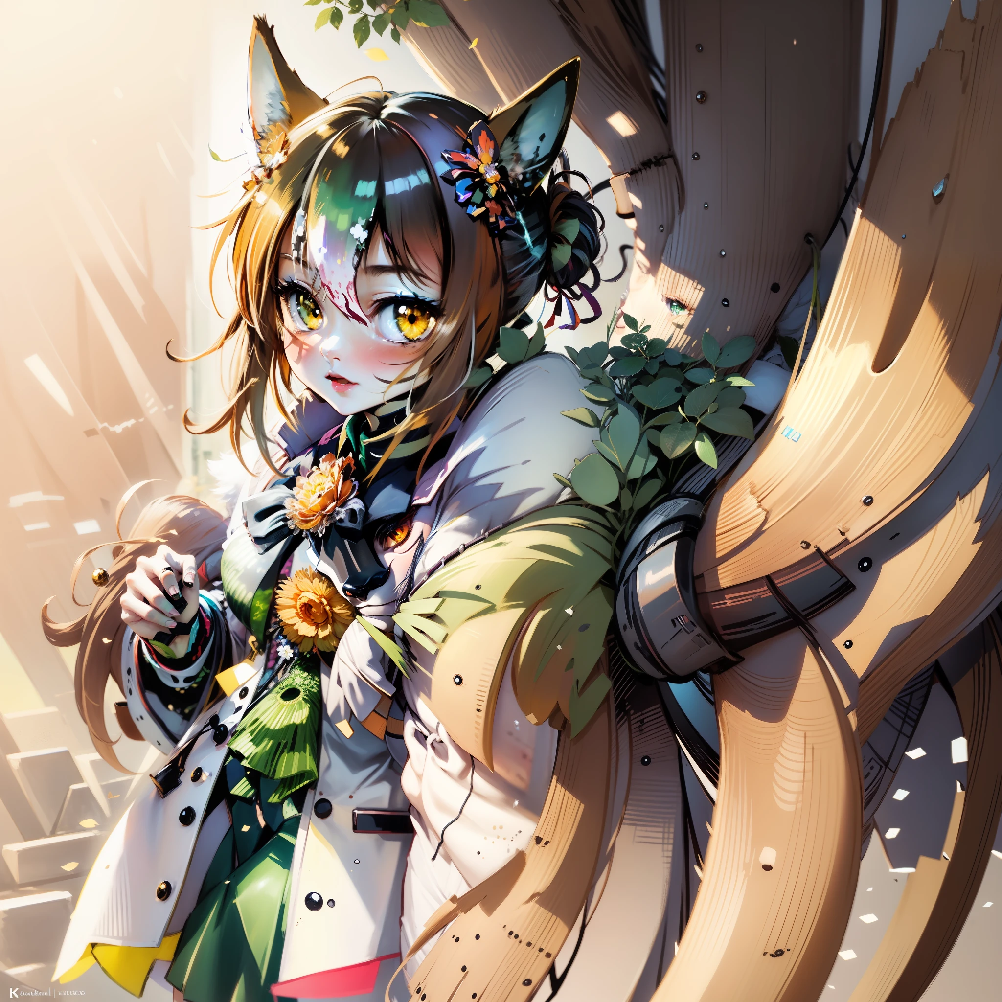 animemanga girl, a beautiful kitsune woman, A high resolution, Detailed fanart, Epic anime style, female, Holo is a fox girl, pixiv contest winner, very very beautiful furry art,best qualtiy,delicated,tmasterpiece,Beautiful figure,The golden eyes are charming,There is a fox tail,The background is beautiful and natural,Forehead gradient bangs,Coiled bun,Bright and charming eyes