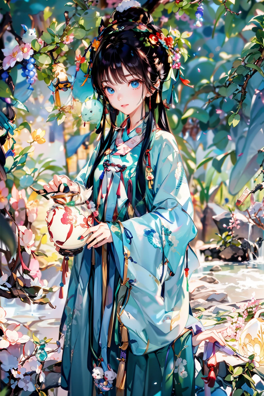 A girl in Hanfu carrying a jade rabbit lantern during the Mid-Autumn Festival
