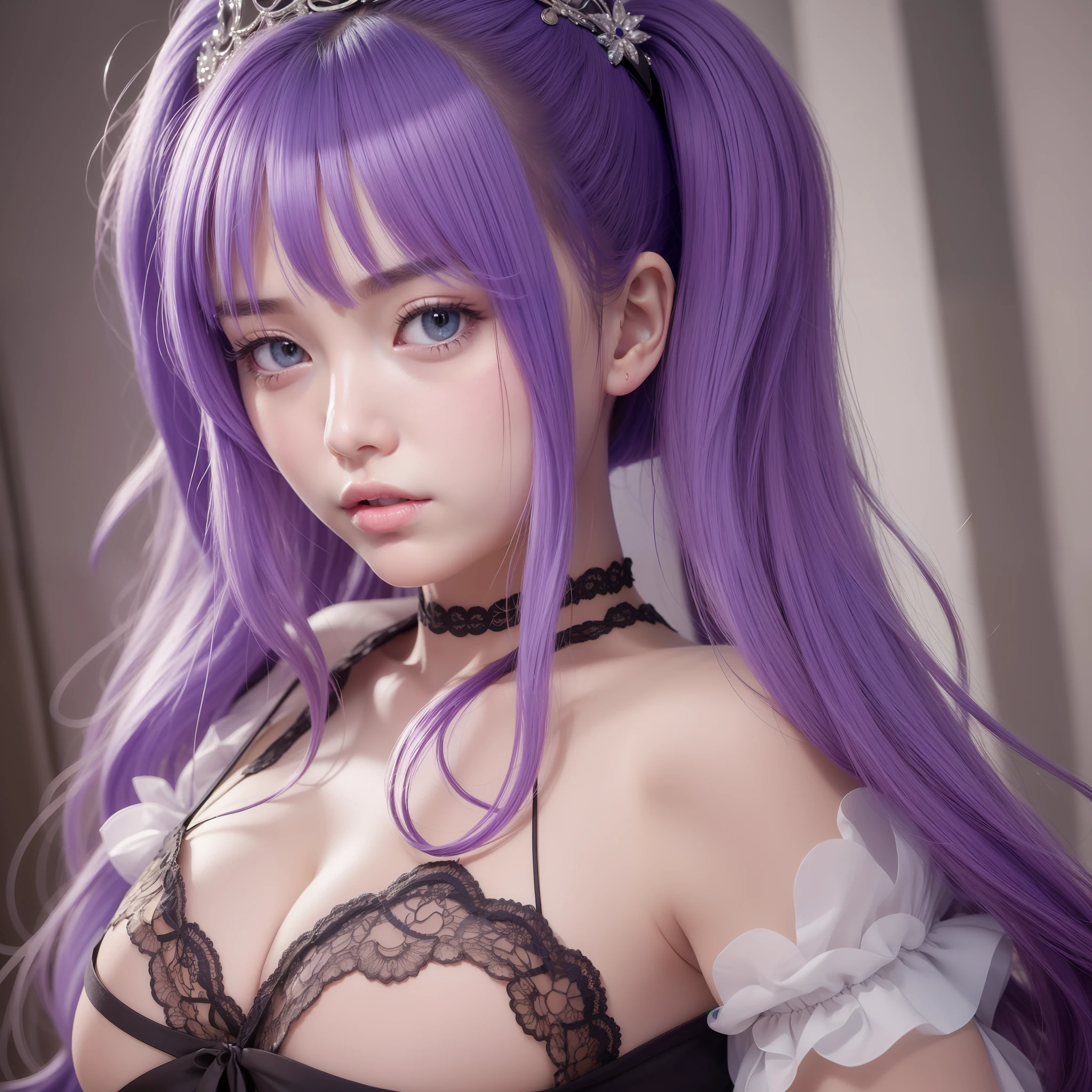 Colorful hair(Purple and blue gradient)、short twintails、beautfull woman、Eyes that seem to be sucked in、Official art、masterpiece、Extremely delicate modeling、beste-Qualit、Hphotorealistic、8k picture、hiquality、large full breasts、Princess、 face(Rounded face)、