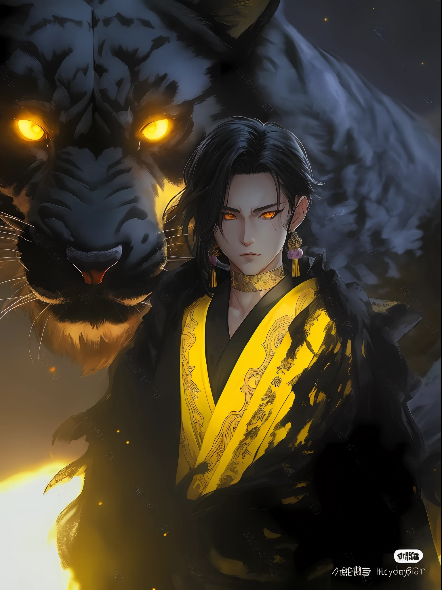 anime character with yellow eyes and a tiger, handsome guy in demon killer art, demon slayer artstyle, with glowing yellow eyes, demon slayer rui fanart, handsome japanese demon boy, inspired by Yang Jin, he has yellow wolf eyes, by Yang J, Guviz-style artwork, Badass anime 8 K, Glowing yellow eyes, human and dragon fusion