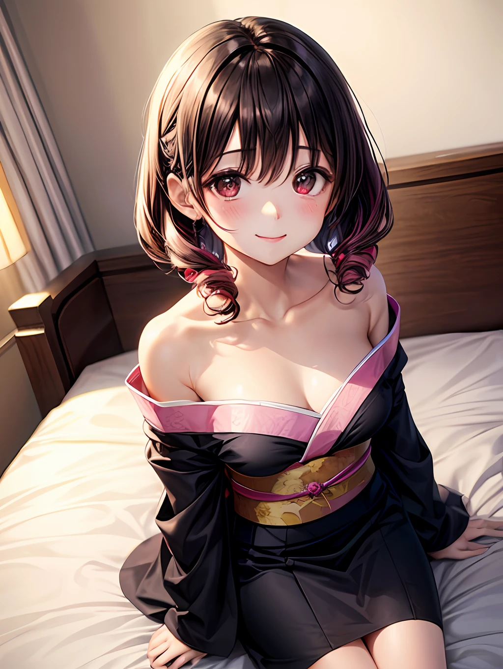 beste-Qualit、1girl,Bob Hair、Inner curl、Red eyes、Pink blush color under the eyes、Red cheeks:1.3、a smile、black kimono dress:1.4、with floral pattern、hugetits:1.1、Open chest、Shoulder out、beauty legs:1.2、Above the hotel bed、Supine position:1.5、natta、dim lighting、View here、Angle from above、Background blur