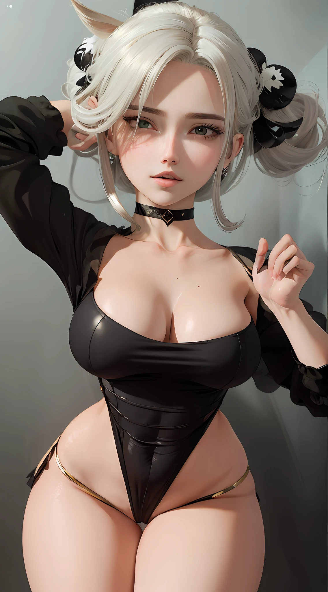(obra-prima:1.4), (melhor qualidade), (detalhado) uma garota linda, cabelo preto e branco,e olhos verdes, seio grande, perna grossa, bunda grande, roupa apertada hentai