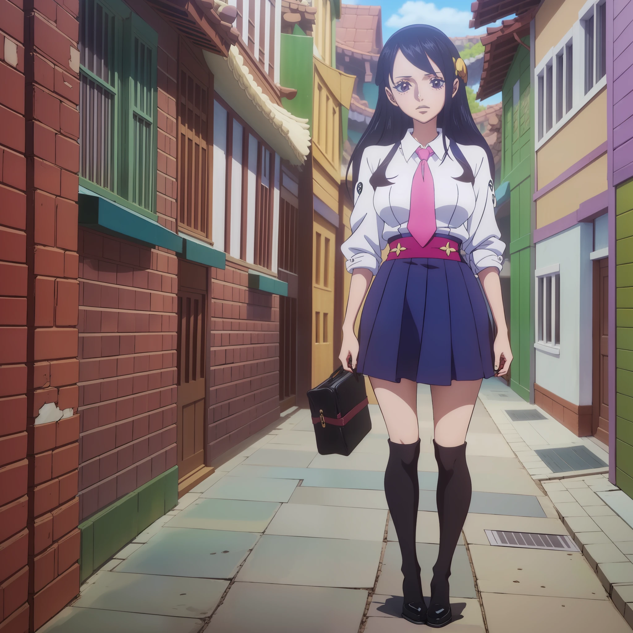 anime girl in a school uniform standing on a brick walkway, Surrealism female students, Realistic anime 3 d style, Surrealism female students, Realistic schoolgirl, Anime girl in real life, anime realism style, 3 d anime realistic, photorealistic anime, Beautiful Anime High School Girls, realistic anime artstyle, Realistic young anime girl, photorealistic anime girl rendering，Shorten the waist，little ass，Elongated thighs，slender calf，Wearing white opaque over-the-knee flat boots