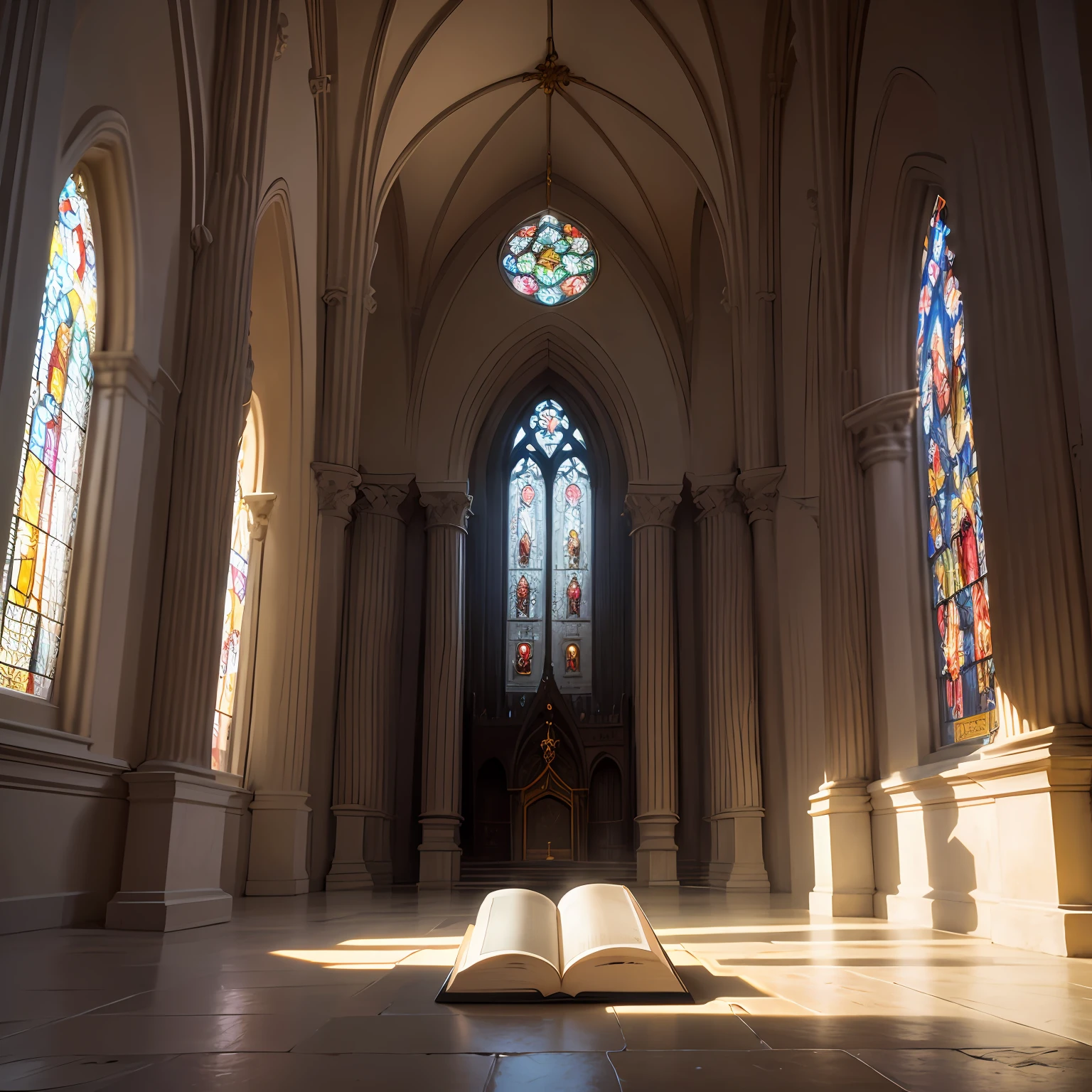 An awe-inspiring Bible lying on a stone altar within the sacred halls of an ancient cathedral, rays of sunlight piercing through stained glass windows, casting vibrant hues upon the illuminated pages, capturing the spirituality and grandeur of religious devotion, Sculpture, marble carving, capturing intricate details, --ar 3:2 --v 5 --auto