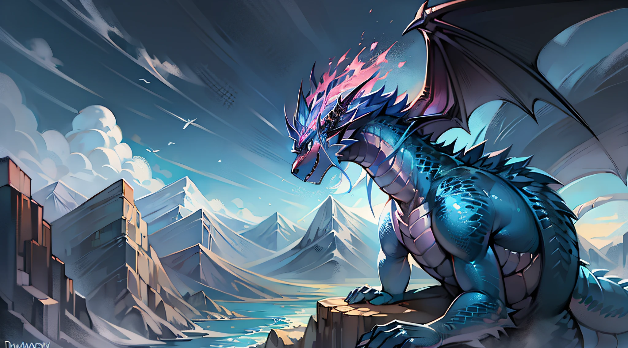 A dragon flies over a mountain with a river, D&d commision art dragon, Legendary Dragon, epic dragon, blue scaly dragon, Dragon Art, Blue dragon, anthro dragon art, colossal dragon as background, wyvern, anthropomorphic dragon, epic full color illustration, european dragon, Dragon Flying, Dragon, dra the dragon, Frost Dragon