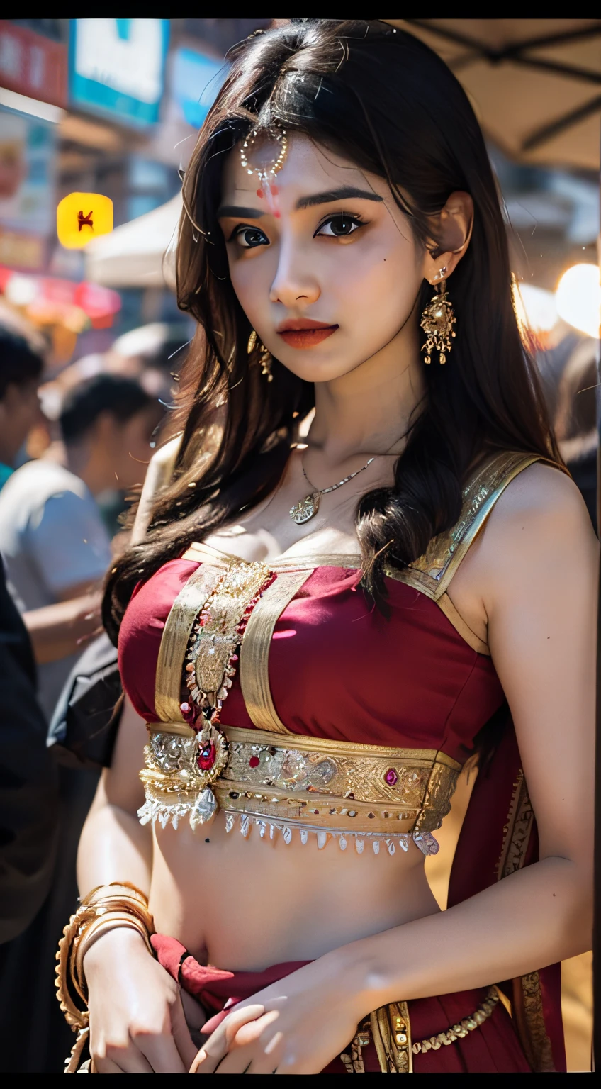 24-28 Years Old bollywood indian female fashion mode,brown skin,dressed Sari,Happy expression on face,at the night market,backlight, extremely realistic, 8k, insane details, intricate details, cinematic color graded,Color Grading, Editorial Photography, Photography,sharp focus, taken with a 60mm lens, ISO 300, f/4, 1/200th