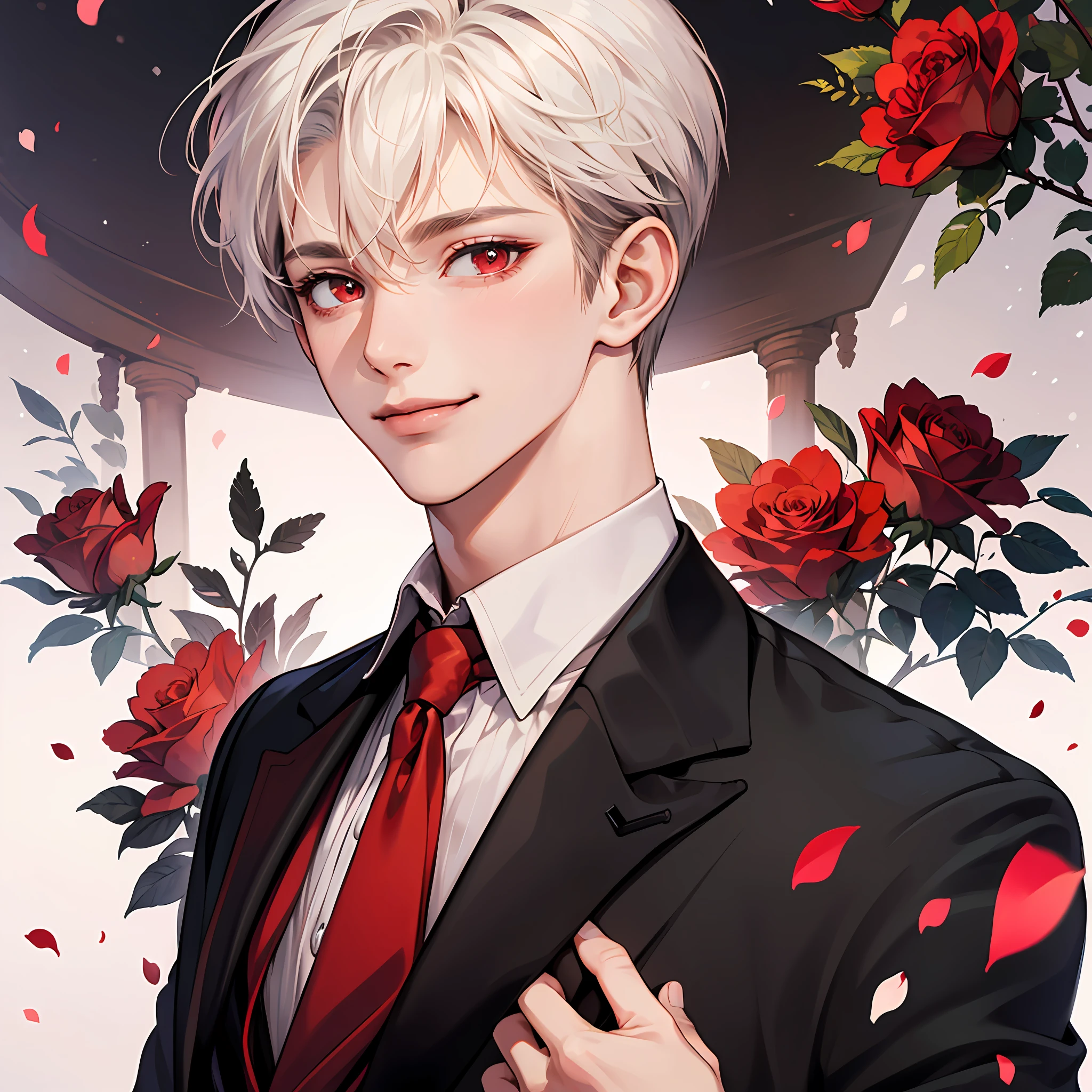 ((masterpiece)),(((best quality))), (high quality, breathtaking),(expressive eyes, perfect face), 1boy, solo, male, short, young, boy, short white hair, red eyes, smiling, blushing, tuxedo,red tie,top hat with a rose --auto