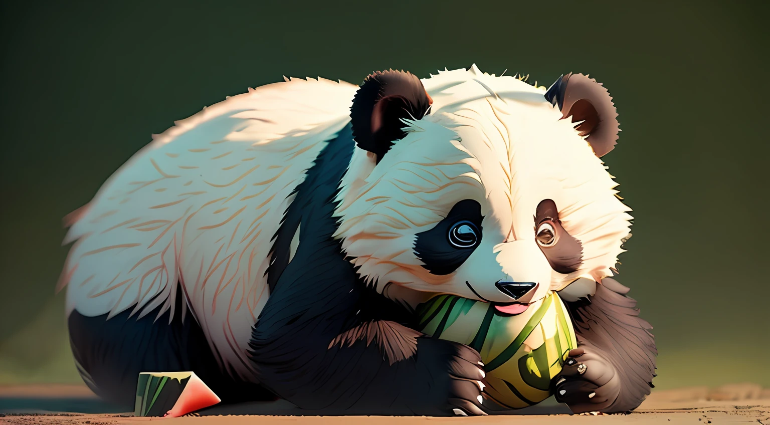 ((best qualtiy)), ((tmasterpiece)), (the detail),((Anthropomorphic illustration)), A panda eating watermelon，The background is blurred out，in the style of Hayao Miyazaki，style of anime，Chinese giant panda，Cute panda，Hyper-realistic，Detailed，Natural lighting，Clean background，C4D，Dreamy，coldcolor ，Green background，Red watermelon --auto