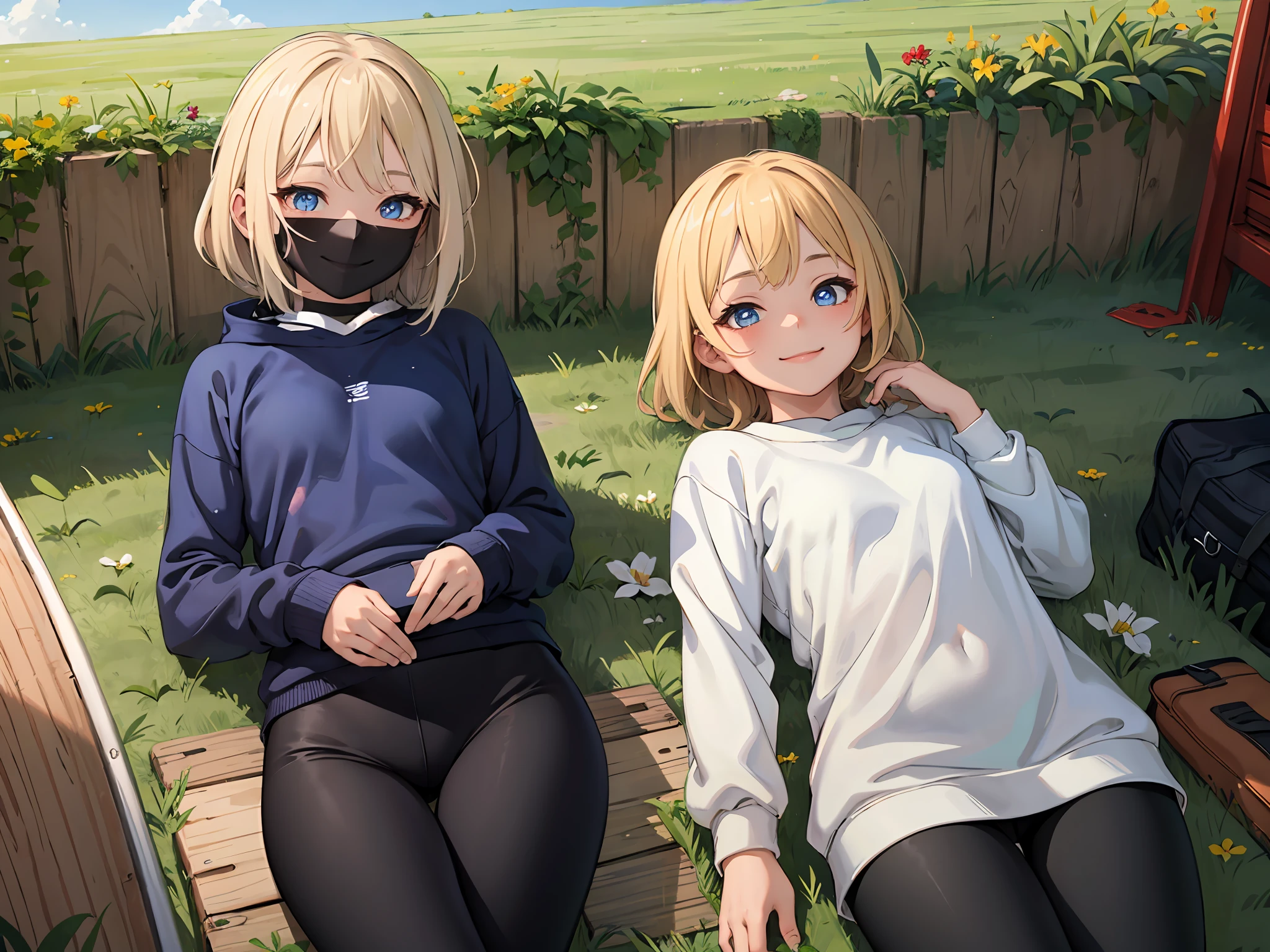 best quality, masterpiece, small breasts, smile, sweatshirt, leggings, outdoors, anime style, grass field, daytime, blue sky, blue eyes, detailed eyes, medium hair, blonde hair, loose hair, bangs, lying down,