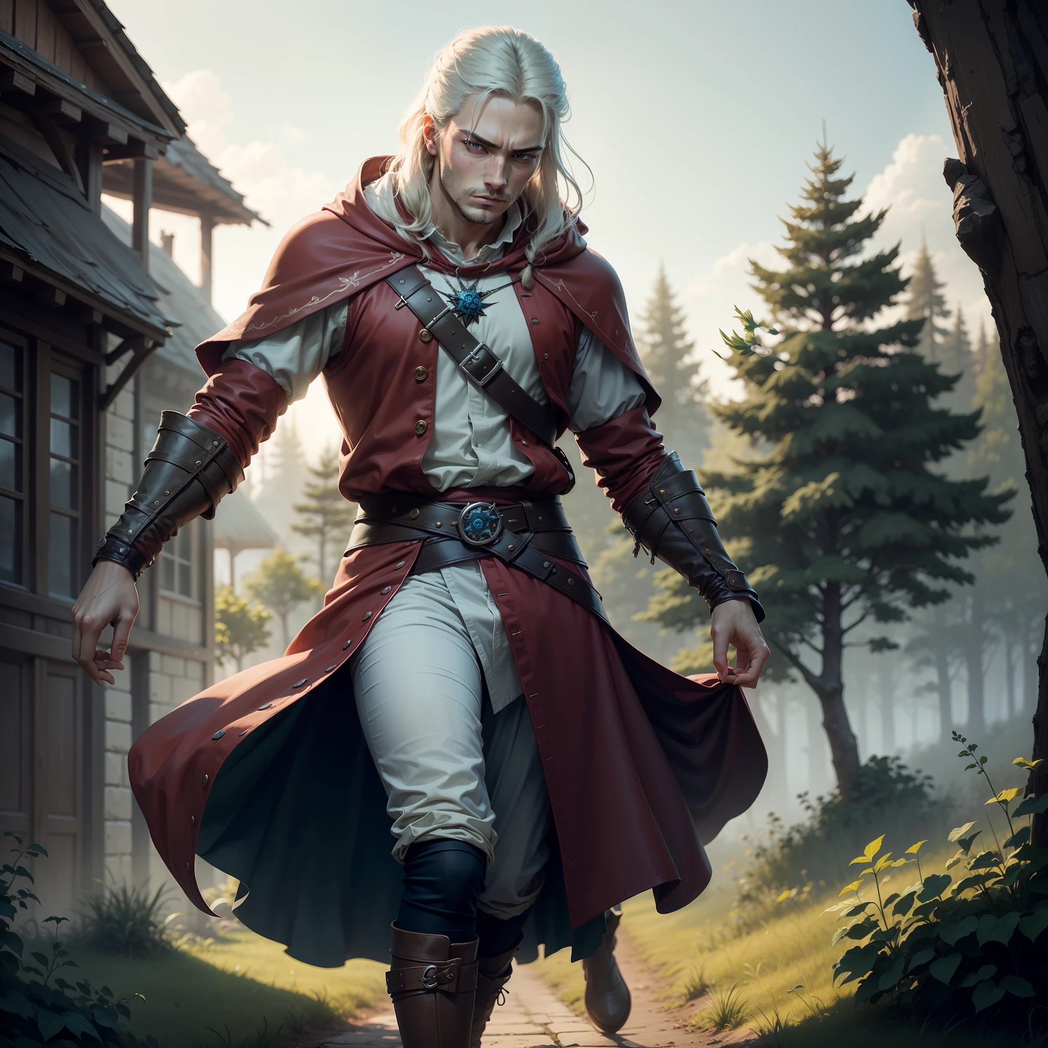 whaite hair,a horsetail,Redcoat,White robe,Male youth,the witcher,Being in the air,Sad --auto