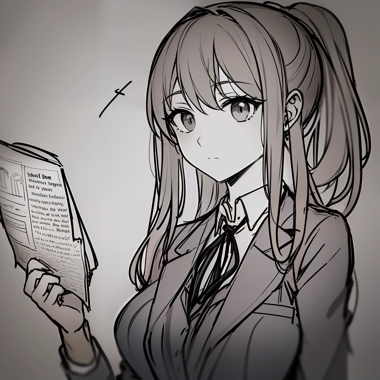 Quality：sketch
Painting style：Black and white style，sketch
Scenario description：female student，Wear a school uniform，Read the newspaper
Depiction technique：succinct、Elegant lines