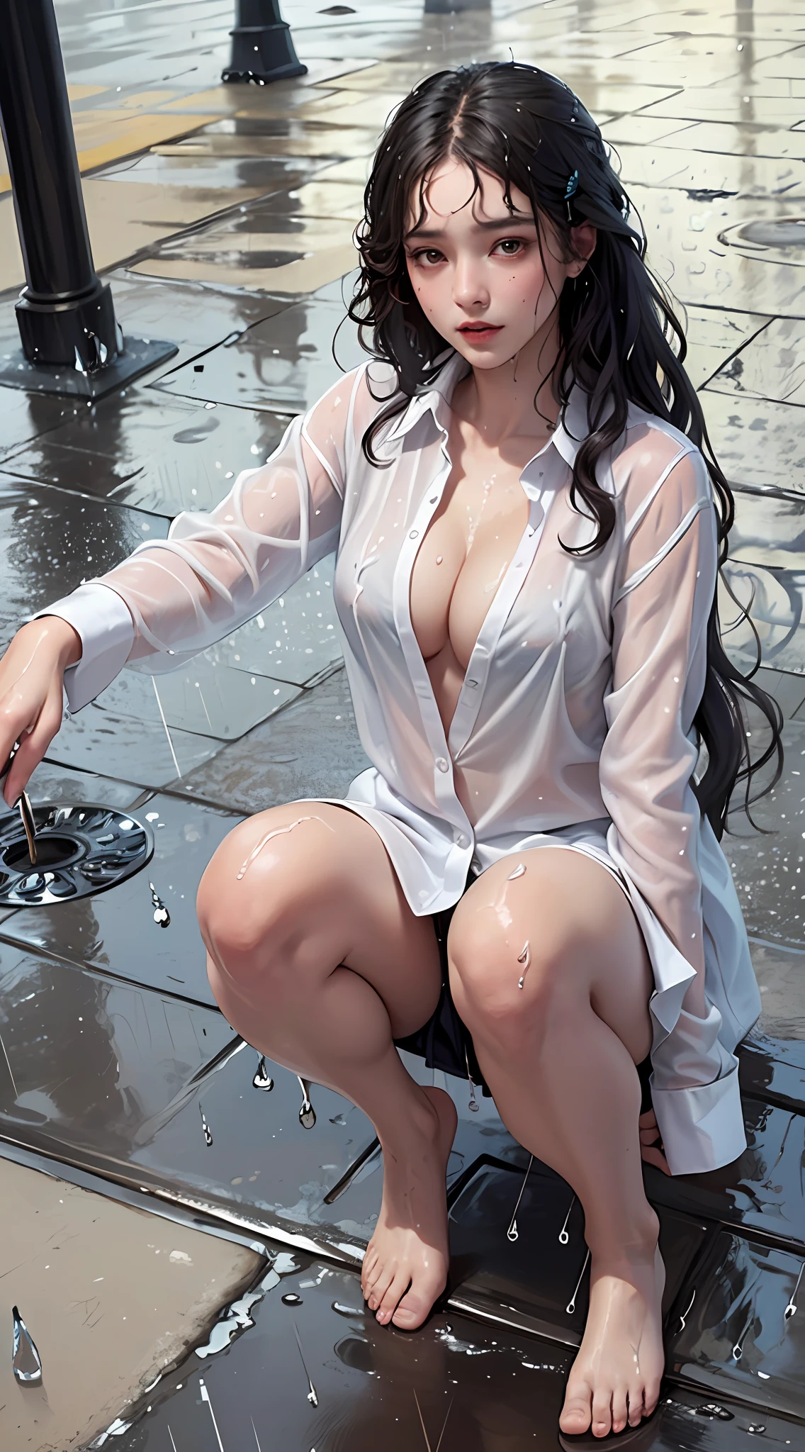 (hyperrealistic), (illustration), (high resolution), (8K), (extremely detailed), (best illustration), (beautiful detailed eyes), (best quality), (ultra-detailed), (masterpiece), (wallpaper), (detailed face), solo 1 girl, ((Drenched full body)), white wavy hair, korean, (Wet Clothes: 1.9) , (Rain, Center City Street:1.9), Super fine face, Fine eyes, Double eyelids, ((Long Wavy Hair)), (White button up long shirt, no bra, exposed cleavage :1.1), (Mini White Short Skirt),heterochromic eyes, small moles under the eyes, loose white shirt, big breasts, long legs, tight abs, camel toes, dynamic pose