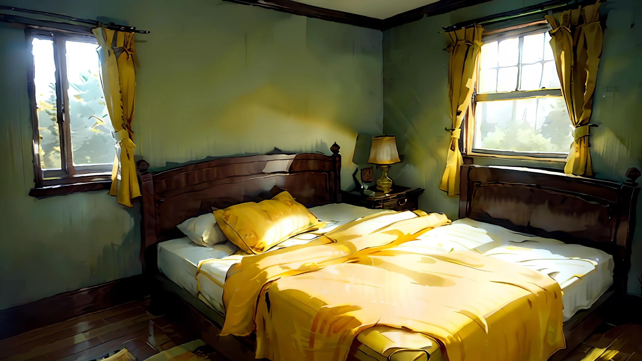 best qualtiy，The ultra-detailed bedroom has a bed with yellow linens and pillows, yellow and olive color scheme, a sunny bedroom, walls with tone of yellow, personal room background, yellow and green scheme, inside bedroom, gold and teal color scheme, Bed room, Yellow color scheme, Dimly lit bedroom, lime and gold hue, pale yellow walls, Dimly lit bedroom