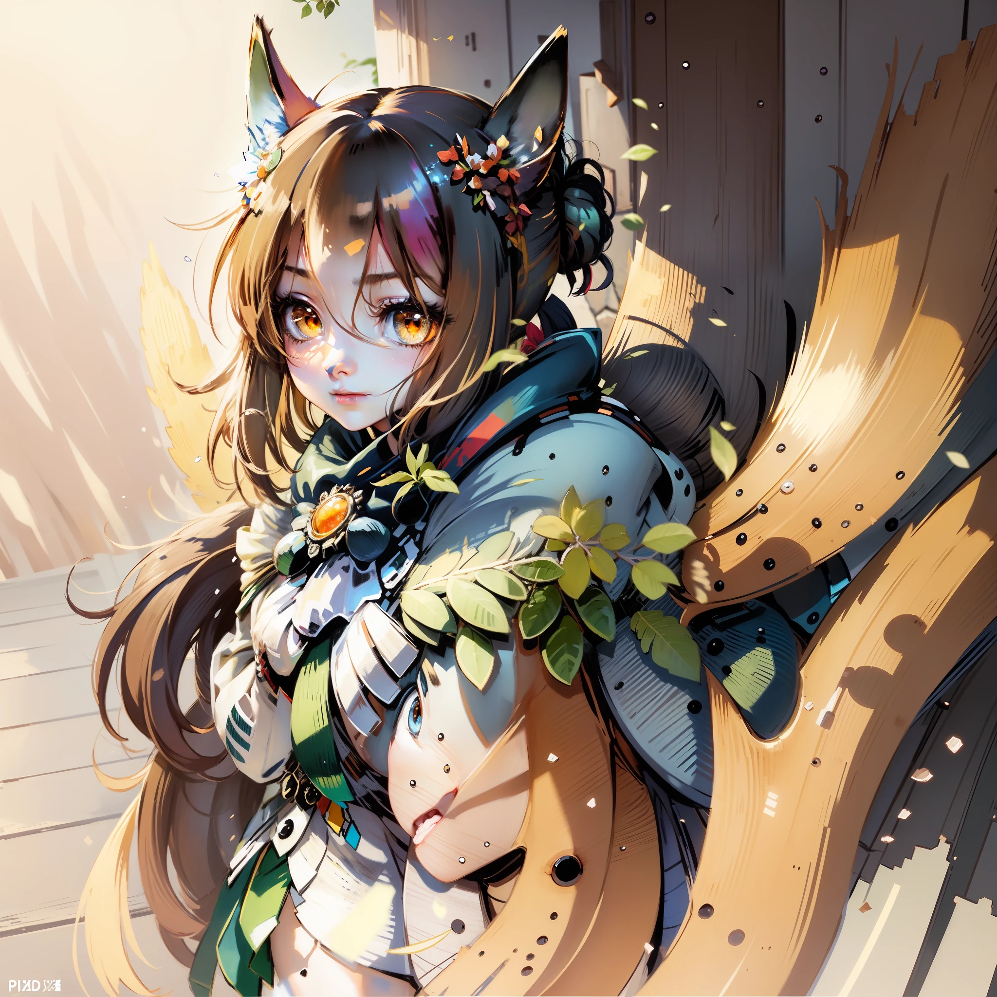 animemanga girl, a beautiful kitsune woman, A high resolution, Detailed fanart, Epic anime style, female, Holo is a fox girl, pixiv contest winner,  very very beautiful furry art，best qualtiy，delicated，tmasterpiece，Beautiful figure，The golden eyes are charming，There is a fox tail，The background is beautiful and natural，Forehead gradient bangs，Coiled bun，Bright and charming eyes