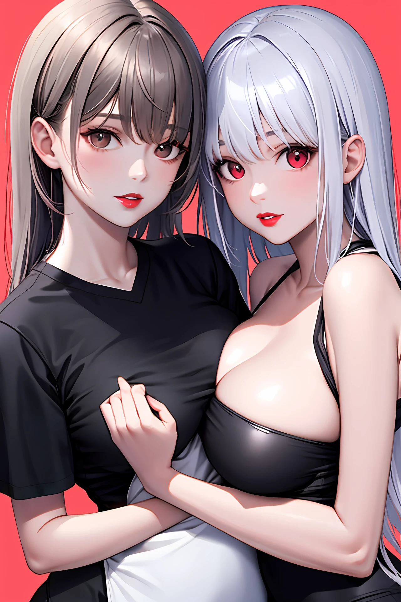 Upper body, white skin, breasts squeezed together, black shirt, white hair, red lips, V-neck, sleeveless shirt, slightly open lips, simple background, realistic, three-dimensional, long hair, bangs differentiated