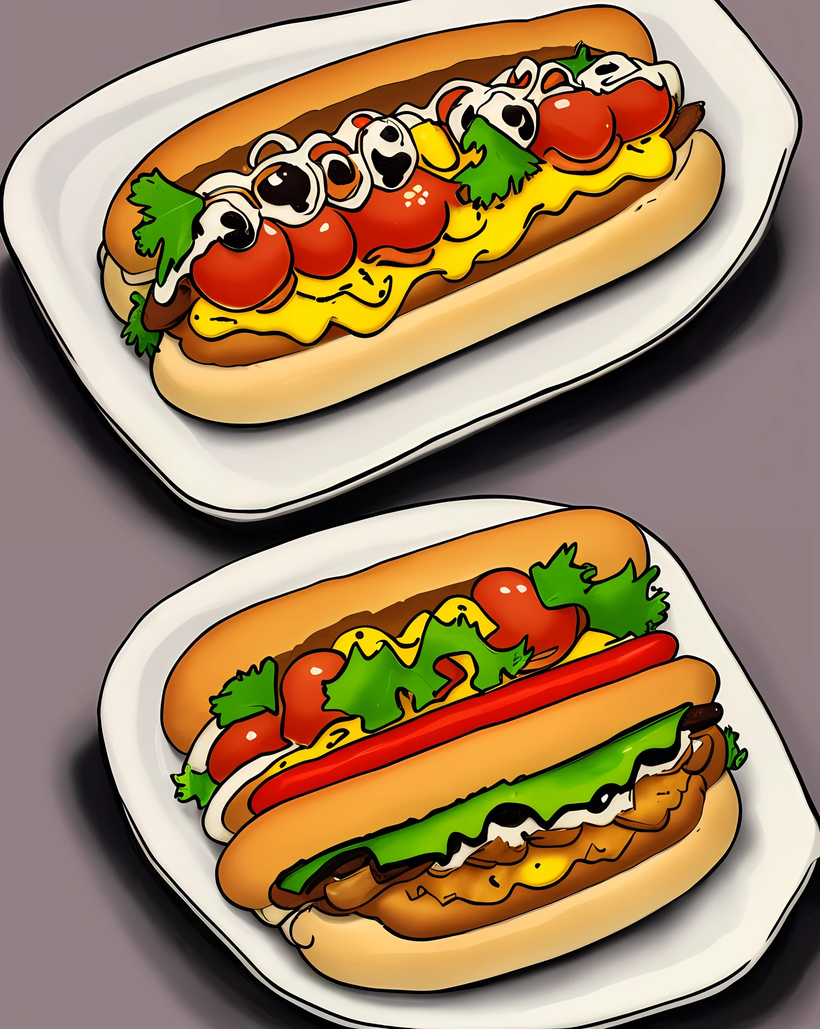 two cartoon hot dogs with toppings and ketchup on a plate, hotdogs, super realistic food picture, amazing food illustration, full color illustration, full color digital illustration, hot dog, stylized digital illustration, commercial illustration, made with illustrator, anime food, hand painted cartoon art style, cartoon art style, detailed digital illustration, realistic illustration, high detailed cartoon