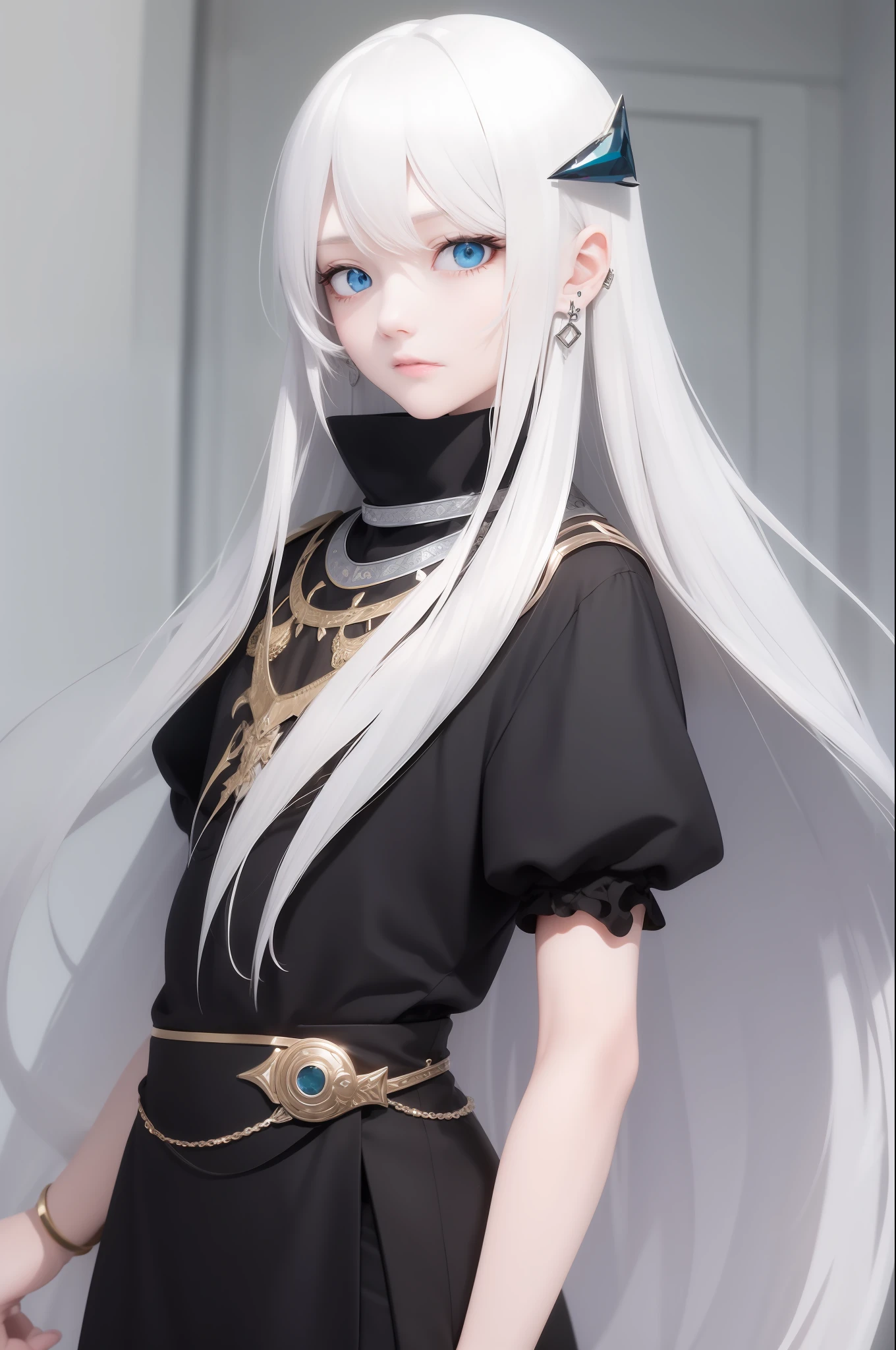 White Very Long Hair,blue Cat eyes,Qi bangs,Wearing silver jewelry on his head