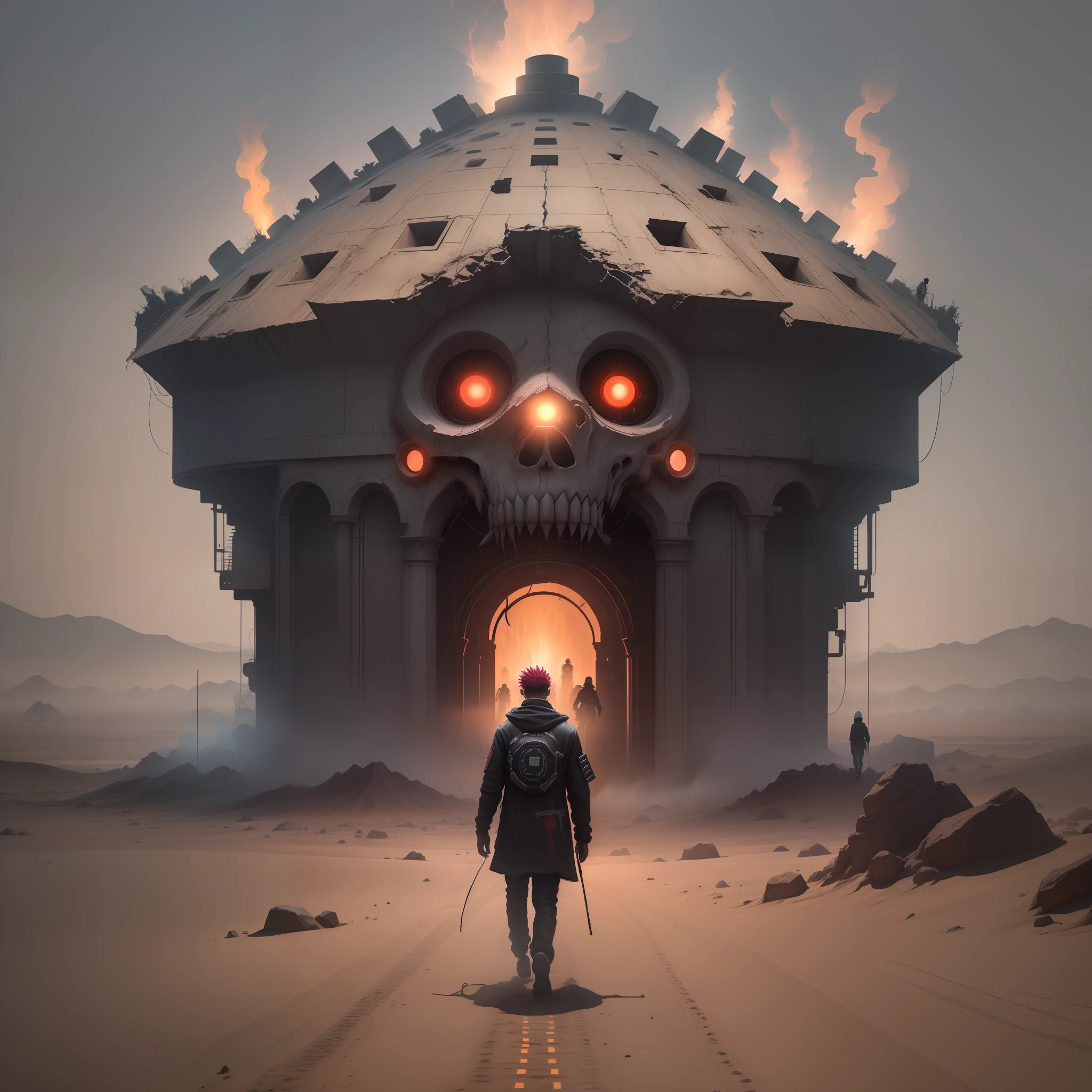 A man stands in the middle of a smoke-filled desert,Full of wild flesh and blood, the penetration of technology,Walking alone into the unknown distance。Blurred flesh and blood,Flesh and blood punk,Flesh and blood technology