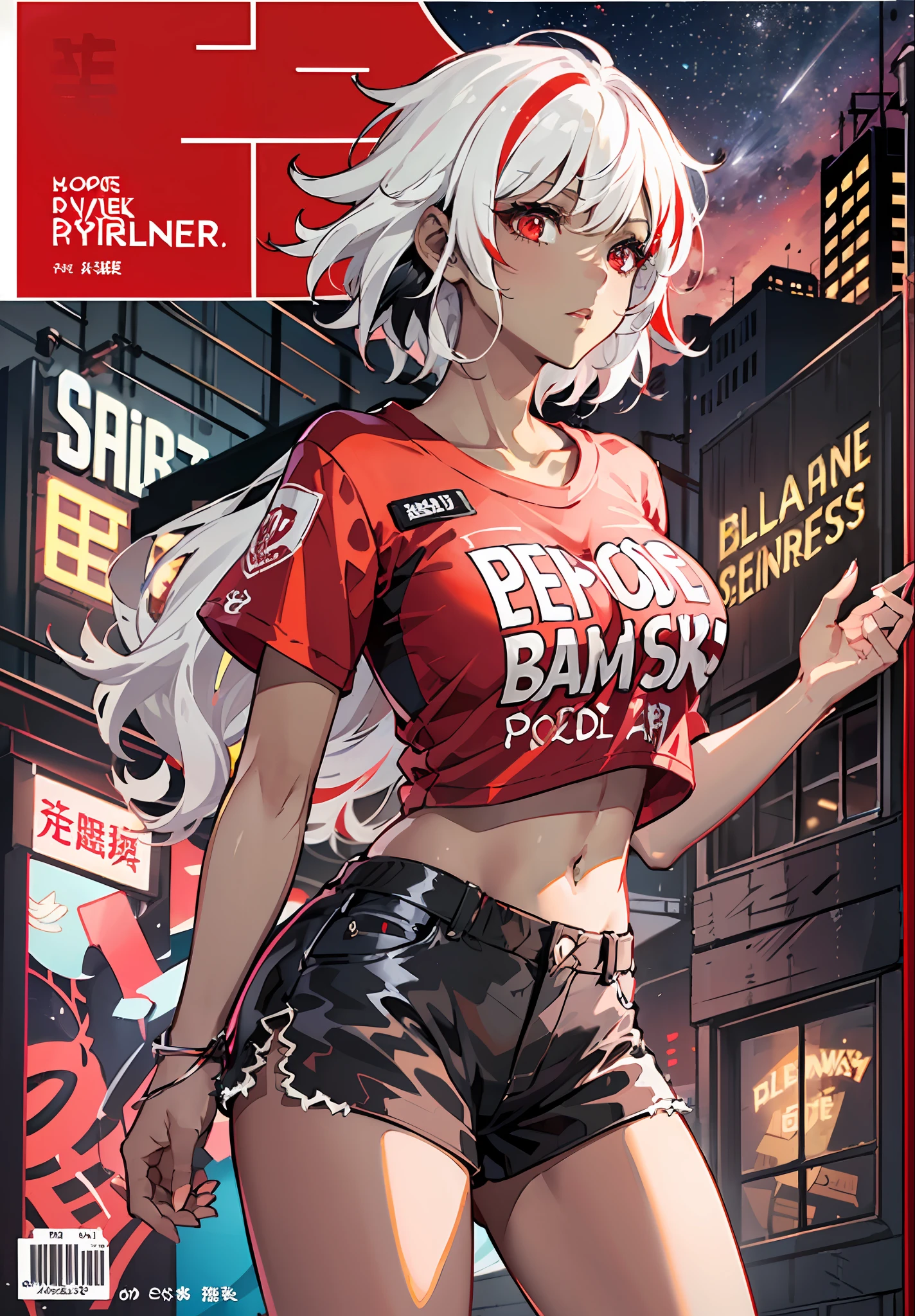 ((epic pose)), ((dynamicpose)), 1girl, ((独奏)), (((black skin))), (((dark skin)))), (((white colored hair|red hair))), ((multicolour hair)), ((Short hair)), (((red eyes))), Red shirt, Shorts, night time, City, neon light, the wind, magazine cover, big text, big title, many inscriptions, lettering