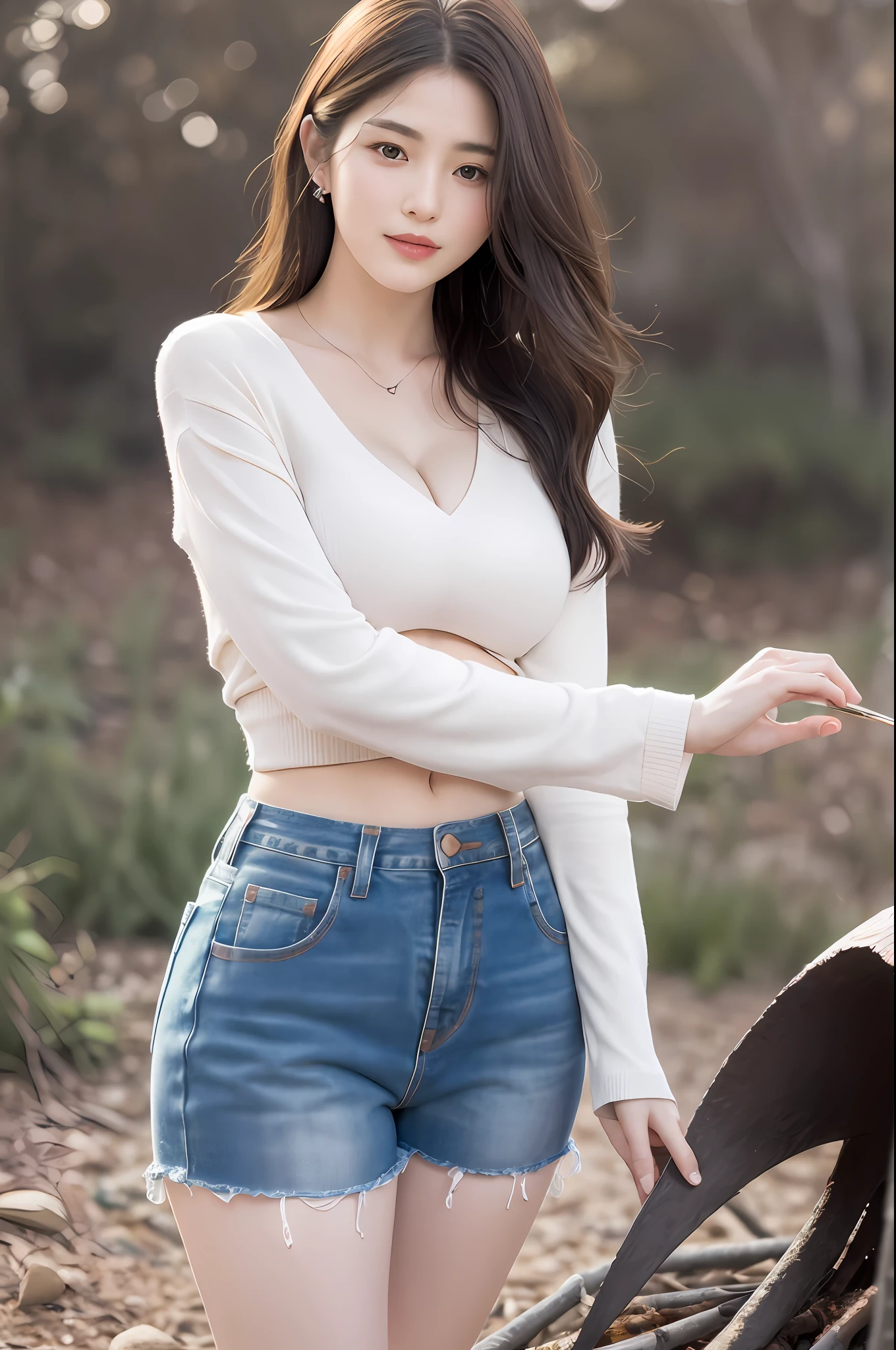 （（realistic raytraicing，Best Quority，8K，a masterpiece of：1.3）），1girl huge large breasts，Little moles under the eyes，ssmile，，Pretty woman with slender figure：1.4，Abs：1.1，Korea，paleskin，（Floating wavy silky yellow hair，Breezy hair，Big_breasts：1），（Deep_Cleavage），White colored shirt：1.2，long-sleeves，（The skin：1.3），standingn，Mountain night， campfire light， Super delicate face， finely-detailed eyes， 二重まぶた， shiny skins， cowboy lens，（Wear denim super shorts，Wear long white stockings：1.2）