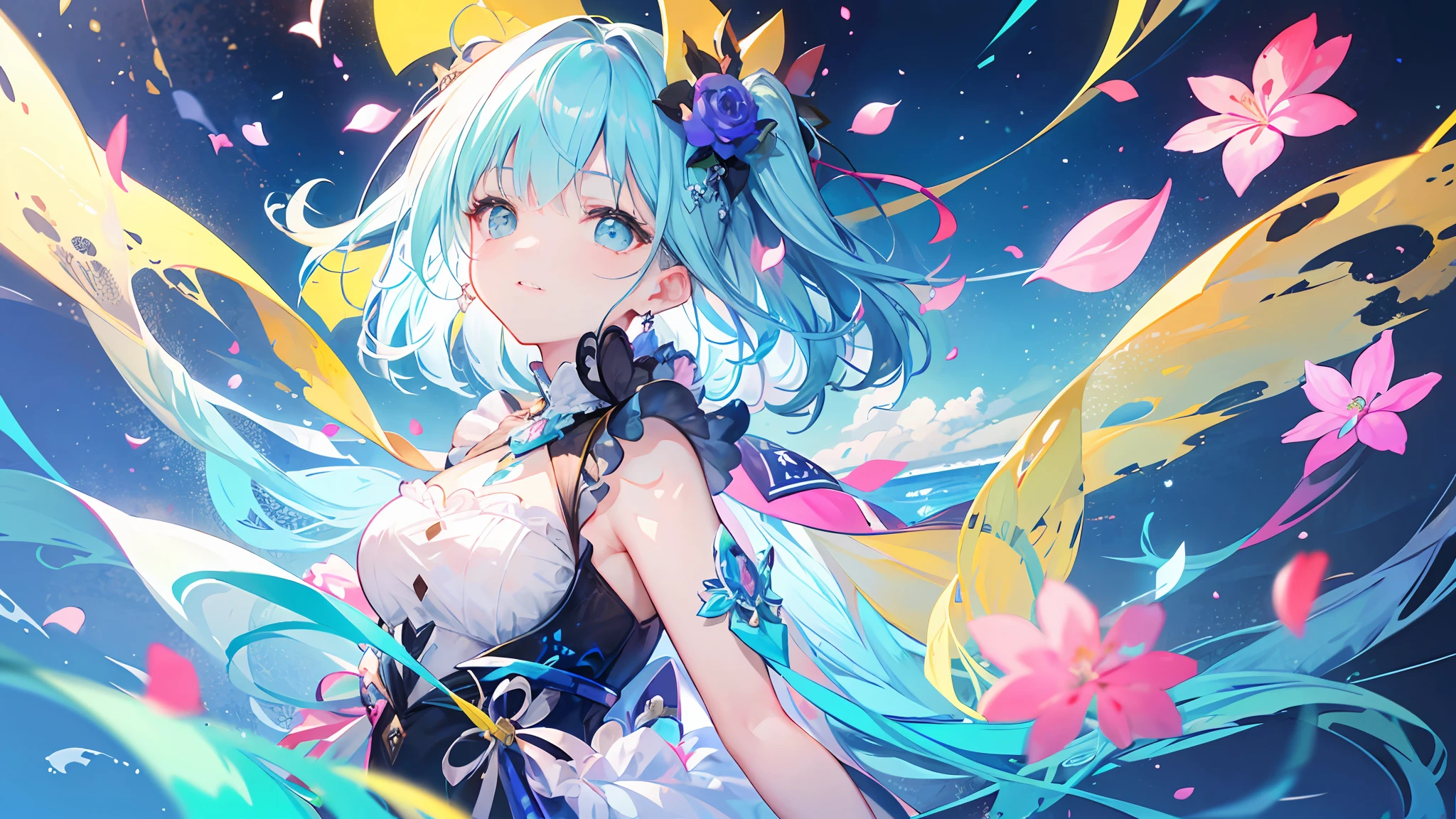 tmasterpiece,(Unbeatable perfection),(((Extremely high resolution))),Extreme clarity and comfort,(((extremely detailed CG unity 8k wal))),stable,best qualtiy,(multi-detail),Best shadow,((An extremely delicate and beautiful girl)),(((cute girls))),(((Close-up Shot Shot))),Most Best Illustration,One layer thickened,(((kawaii))),(Brilliant colors),Extremely detailed fingers,(((Rainbow hair))),Amazing,((Dreamy)),untrue,In a dreamy sky with blue-pink clouds:1.2,There are some stars in the sky,Clear turquoise sky:1.2,petals,(Colorful clouds),((depth of fields:1.12)),Beautiful detailed sky:1.18,Cyan sky, Three-dimensional structure,Beautiful details glow,((Close to the screen:1.34)),((Transparent pupils like water)),((happy laughing))