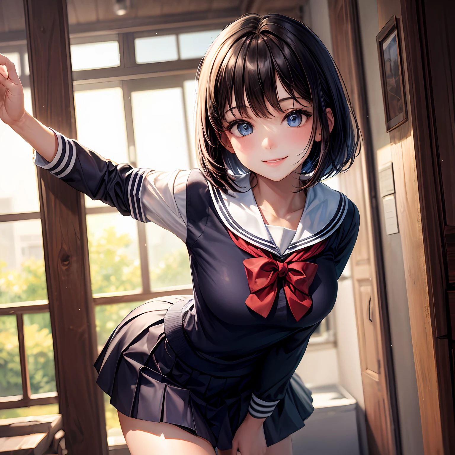 (masterpiece), best quality, ultra-detailed, extremely detailed, dynamic angle, dynamic pose,(1girl),JK school uniform,bob-cut hair, A sweet smile, Eyes shining,Enchanting atmosphere.