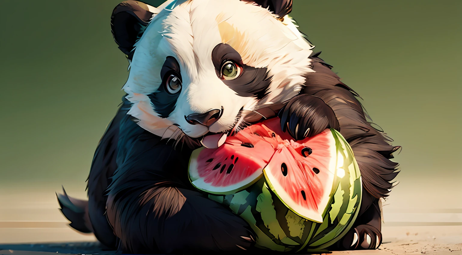 ((best qualtiy)), ((tmasterpiece)), (the detail),((Anthropomorphic illustration)), A panda eating watermelon，The background is blurred out，in the style of Hayao Miyazaki，style of anime，Chinese giant panda，Cute panda，Hyper-realistic，Detailed，Natural lighting，Clean background，C4D，Dreamy，coldcolor ，Green background，Red watermelon --auto