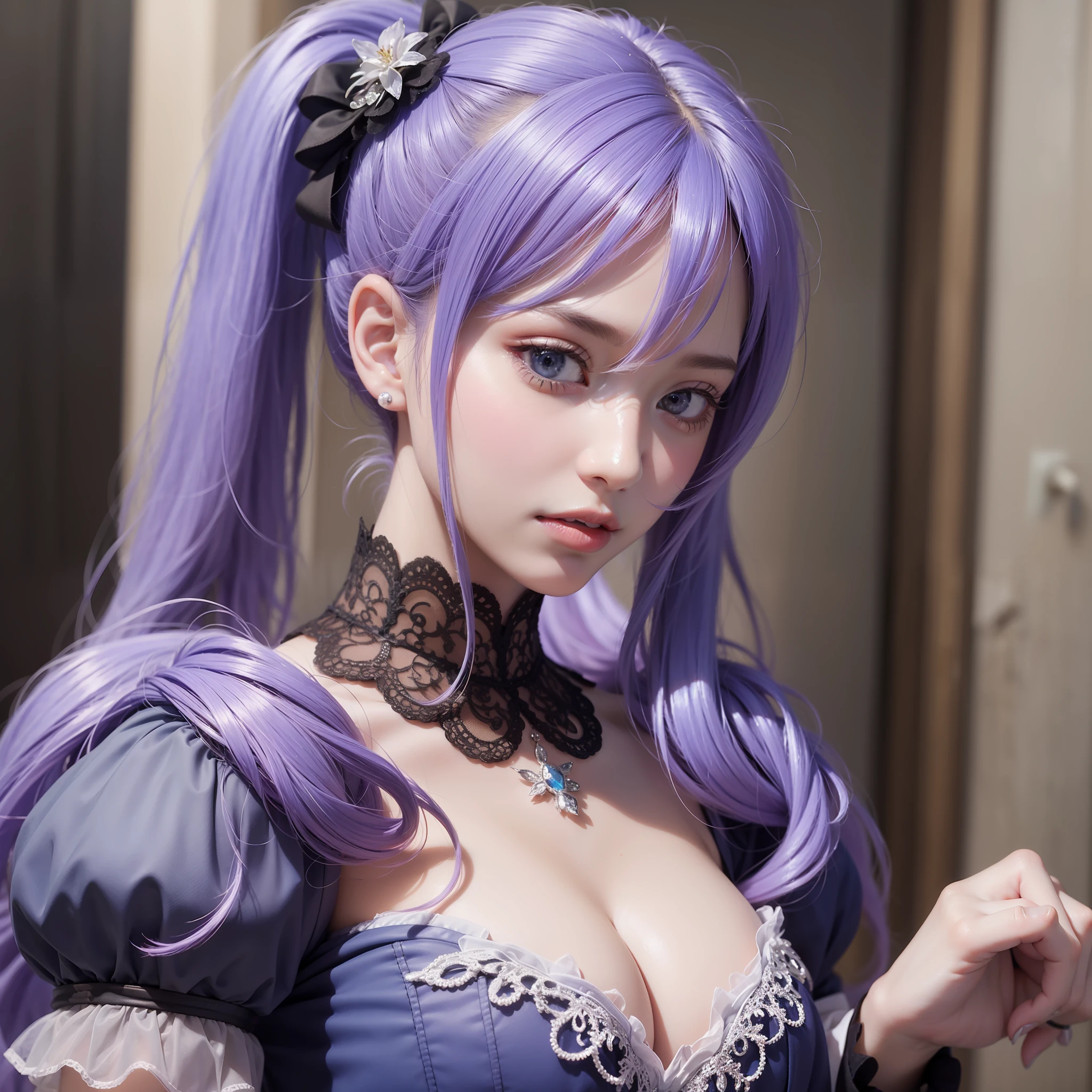 Colorful hair（Purple and blue gradient）、short twintails、beautfull woman、Eyes that seem to be sucked in、Official art、​masterpiece、Extremely delicate modeling、beste-Qualit、Hphotorealistic、8k picture、hiquality、large full breasts、Princess、 face（Rounded face）、