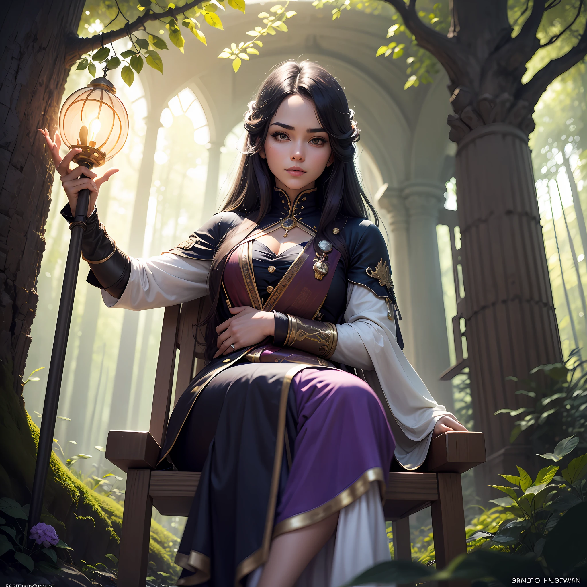 Esboce algumas ideias de poses para a personagem. Alguns exemplos podem ser: sentada em um trono de madeira, holding a spell book; standingn, with an outstretched hand casting a spell; or sitting in a tree, conversando com um animal.

Utilize o SeaArt para ilustrar a personagem. You can start by creating a sketch of the character's outline with the "Brush" tool and then fill it with colors using the "Fill" tool. To give a more realistic feel, you can add shadows and highlights using the "Blend" tool.

Utilize uma paleta de cores branca, black and purple to give a mysterious and elegant feel to the illustrations. Experimente diferentes tons de roxo para criar profundidade e contraste.

Remember to maintain consistency of the character's poses and personality throughout all illustrations. She must appear strong and wise, but also gracious and happy.

Para a pose sentada em um trono, You can represent her with the character sitting with her back straight and her arms resting on the arms of the throne. She may be holding a spell book in one hand and a bouquet of flowers in the other. For the standing pose, You can represent it with the character reaching out towards the viewer, with a serious and empowered expression. For the pose sitting on a tree, You can represent her with the character sitting on a branch, with crossed legs and one hand resting on the trunk of the tree, enquanto conversa com um animal. --auto