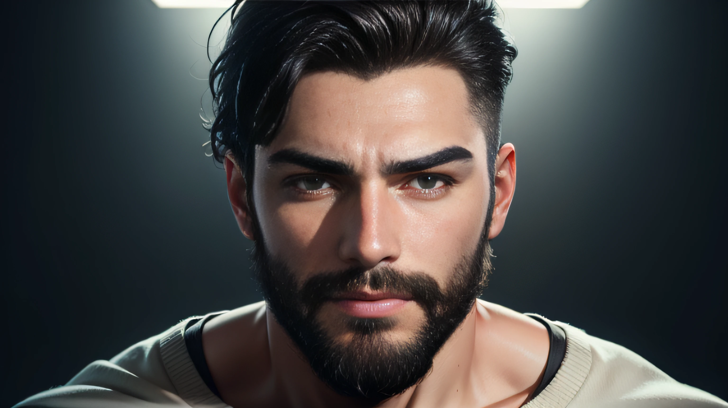 homem de terno, Escuro, (vista frontal para a cintura), cabelo curto, 35 anos, olhar dominante, sentindo-se um pouco irritado, cabelos pretos, barba preta, corpo masculino, face masculina, background of a luxury mansion, alta qualidade , (hiper realista), (detalhado), circunstanciado, (cinemactic), 4k --no glasses --ar 16:9 -- s 750