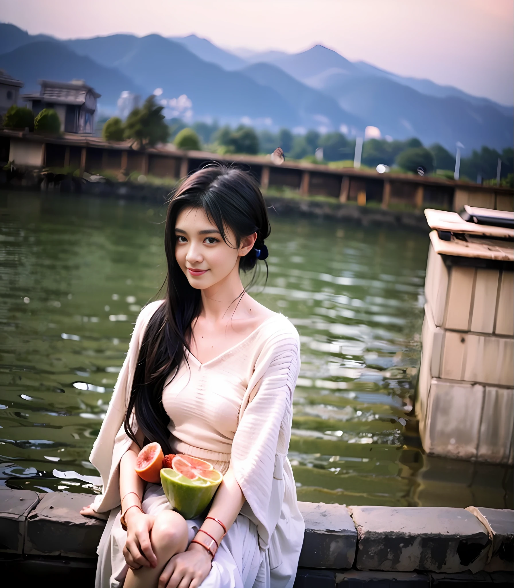 Masterpiece, best quality, vibrant details, 1girl, pink eyes, long hair, brunette hair, wallpaper, (realism, fidelity: 1.37), stunning, fine details, (grapefruit in front), (temple in background), sitting, red kimono, mid-chest, photo, hands behind, water, sunset, hair accessory,