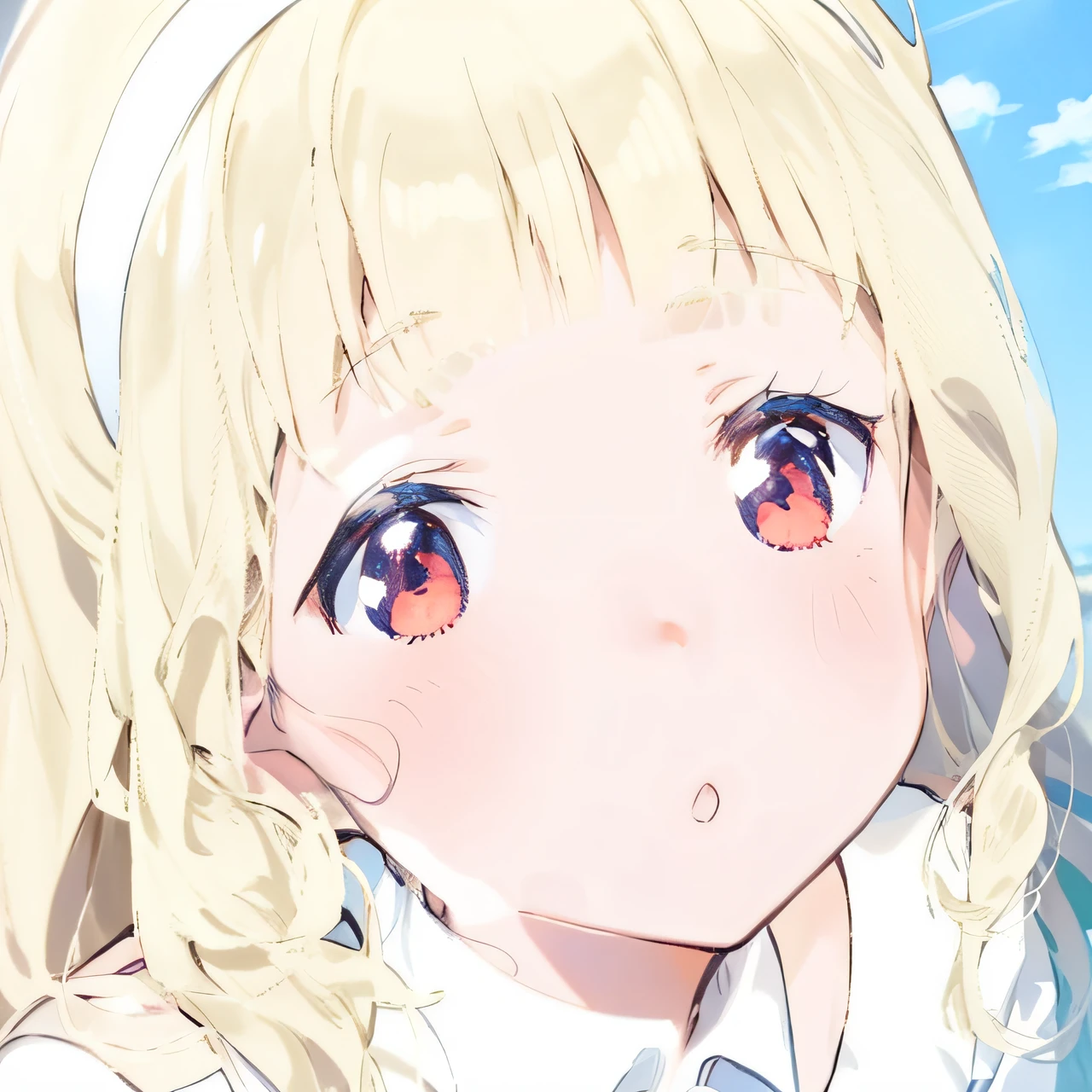 anime girl with blonde hair and red eyes staring at something, anime visual of a cute girl, anime best girl, shirabii, cute natural anime face, anime girl named lucy, anime visual of a young woman, small curvaceous ****, shikamimi, up of young anime girl, close up of a young anime girl, in the anime film