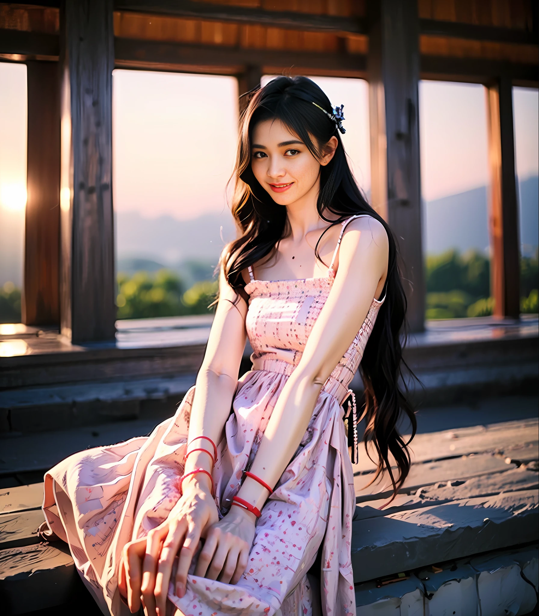 Masterpiece, best quality, vibrant details, 1girl, pink eyes, long hair, brunette hair, wallpaper, (realism, fidelity: 1.37), stunning, fine details, (grapefruit in front), (temple in background), sitting, red kimono, mid-chest, photo, hands behind, water, sunset, hair accessory,