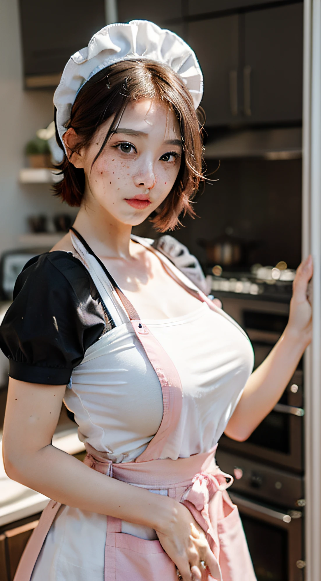 a closeup portrait of a playful maid, undercut hair, apron, amazing body, pronounced feminine feature, busty, kitchen, [ash blonde | ginger | pink hair], freckles, flirting with camera