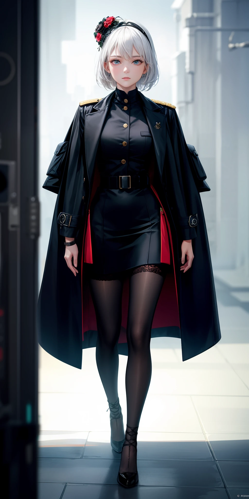 1girll,white color hair,Wear a black flower on your head,Wearing a black gauze tights,Wear a black wristband,Black lace-up heels,Wearing a black military uniform overcoat,The inside of the coat is red,perfectly proportioned, Cinematic lighting, filmgrain, Fujicolor, lightand shade contrast, 8K, 巨作, Textured skin, Super detail, hoog detail, High quality, A high resolution,