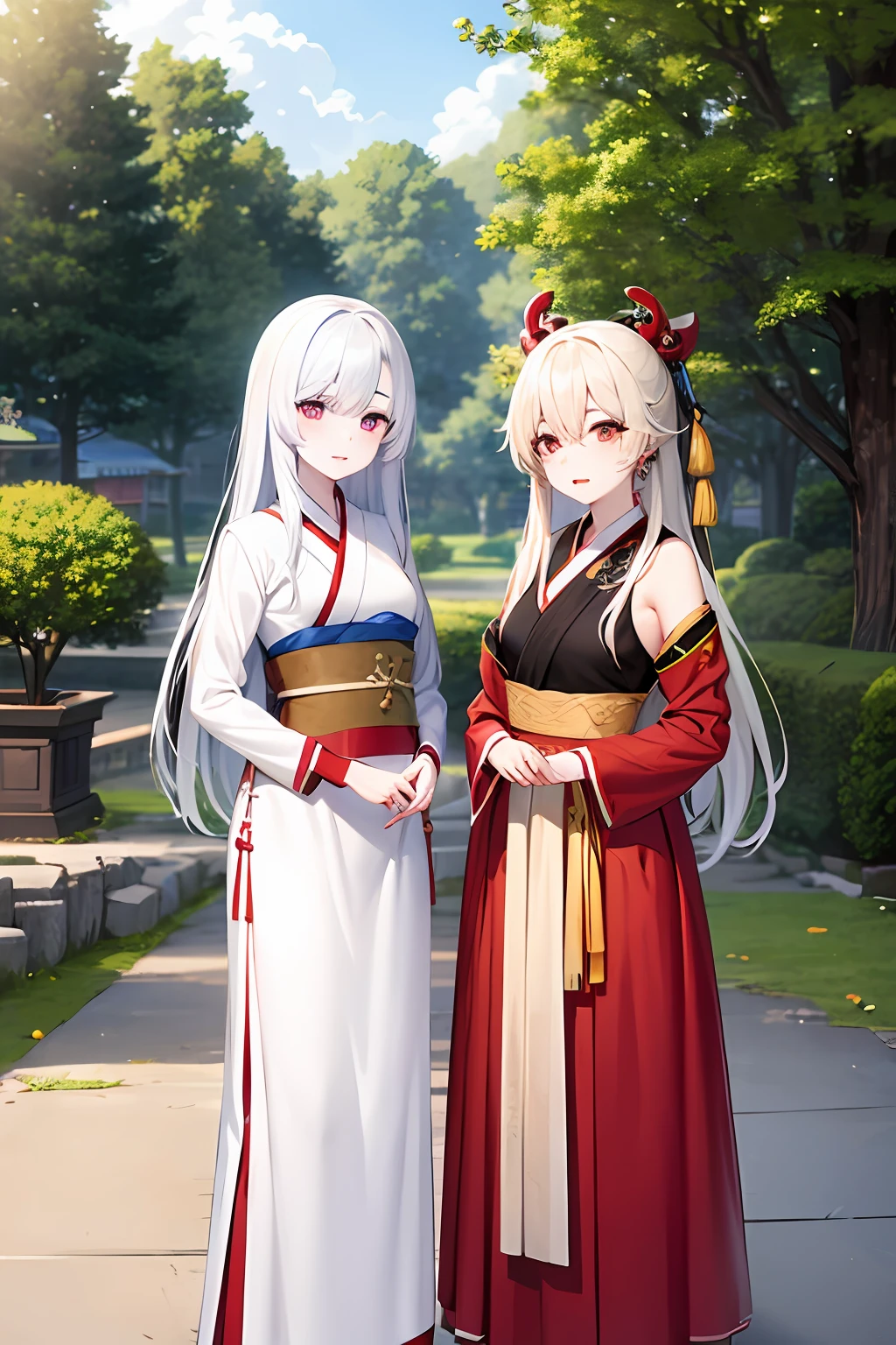 Girls wearing Hanfu, white skin and white hair