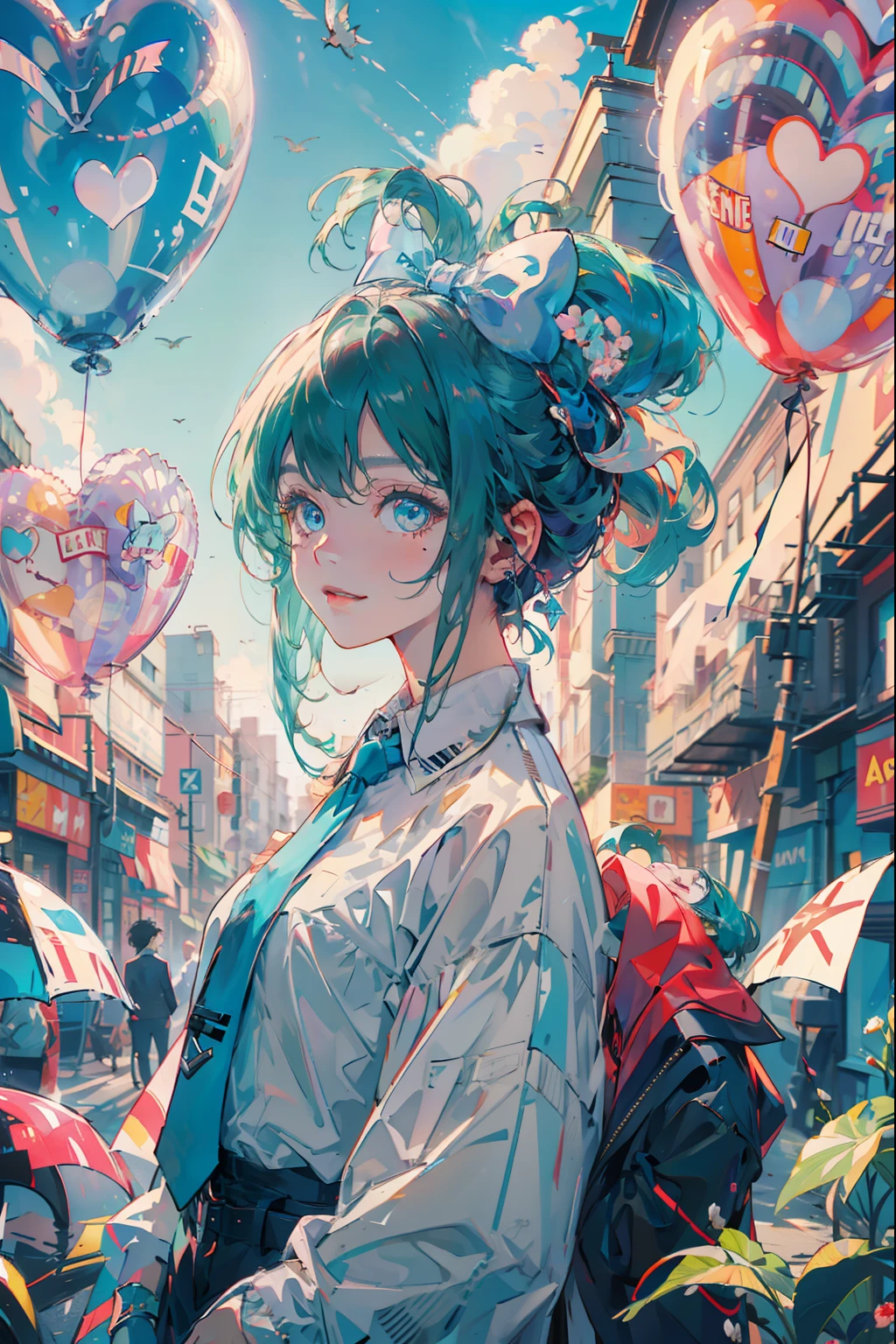 hires, absurdres, masterpiece, interesting composition, blue hair, aqua hair, blue eyes, aqua eyes, hair rings, hair bow, blue bow, black sleeves, bare shoulders, blue necktie, wide sleeves, collared shirt, detached sleeves, black sleeves, necktie, blue necktie, frilled collar, hair behind ear, 1girl, holding balloons, smile, pastel colors, interesting angle