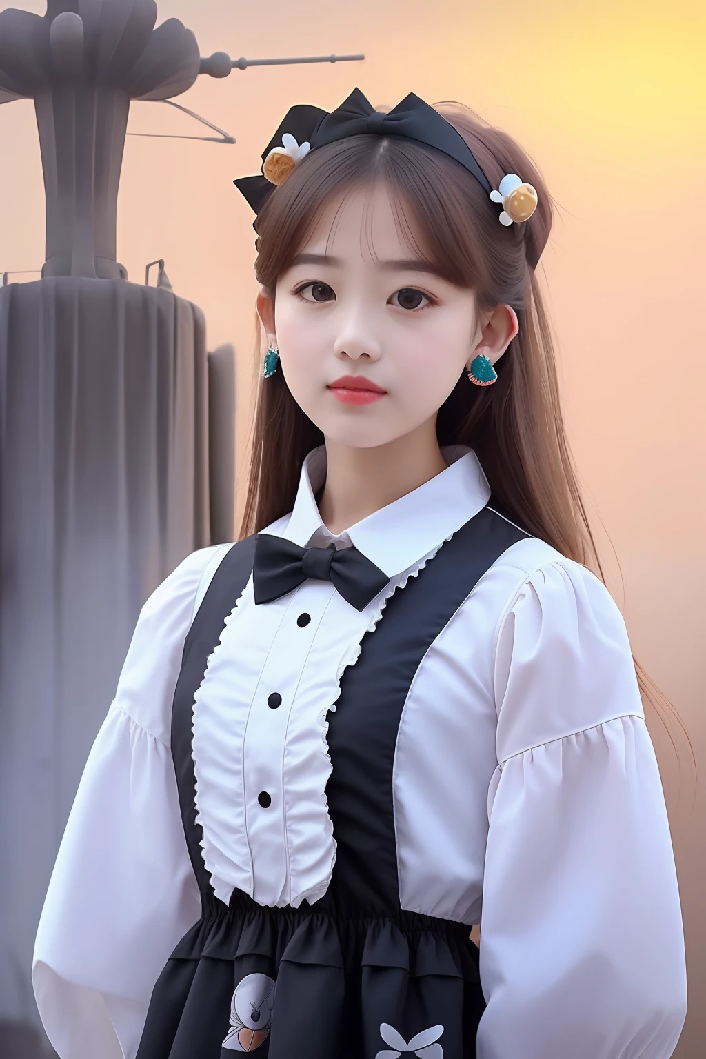 best quality, master piece
1 girl, upper_body,
Pinafore dress, Ruffle blouse, Ankle socks, Platform loafers, and cute stud earrings.