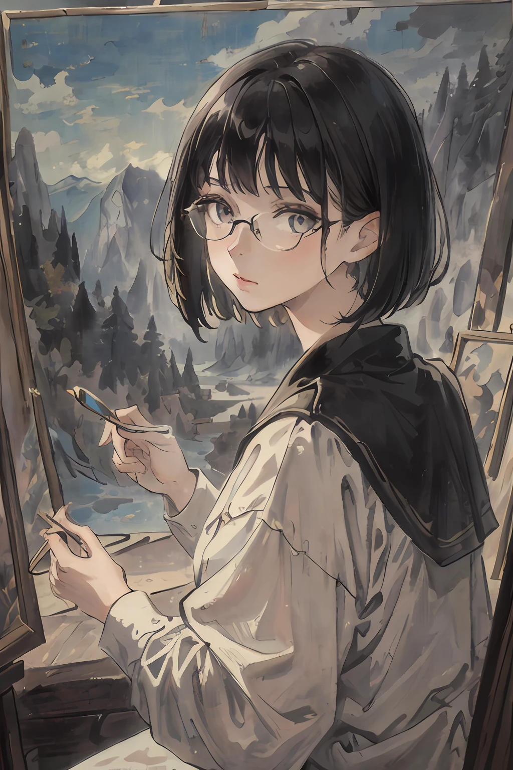 tmasterpiece,Need,The best beautiful girl,Extremely beautiful,World Masterpiece Theatre,super-fine,Need,Need,A dark-haired,bob-cut hair,eye glass,A high resolution,Need,1girll,Need,illustratio,looking at viewert, impasto, canvas, oil painted, Realistic, Realist,Real,Brush in hand