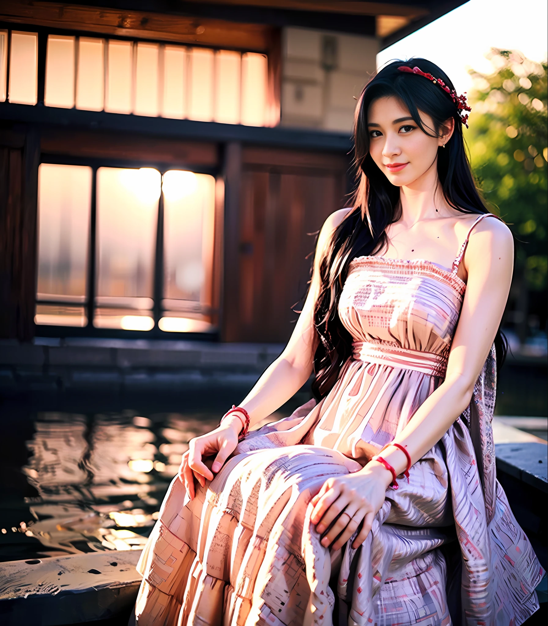 Masterpiece, best quality, vibrant details, 1girl, pink eyes, long hair, brunette hair, wallpaper, (realism, fidelity: 1.37), stunning, fine details, (grapefruit in front), (temple in background), sitting, red kimono, mid-chest, photo, hands behind, water, sunset, hair accessory,