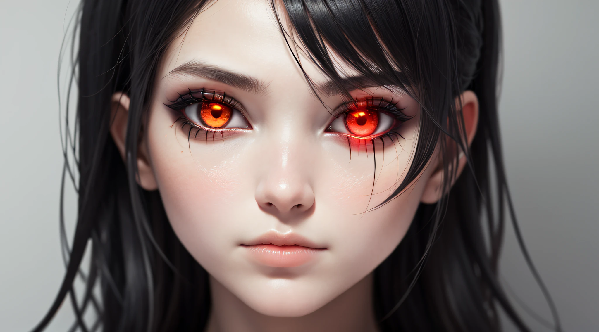 1girl, close up shot, (black sclera), glowing red eyes, black hair, pale skin,