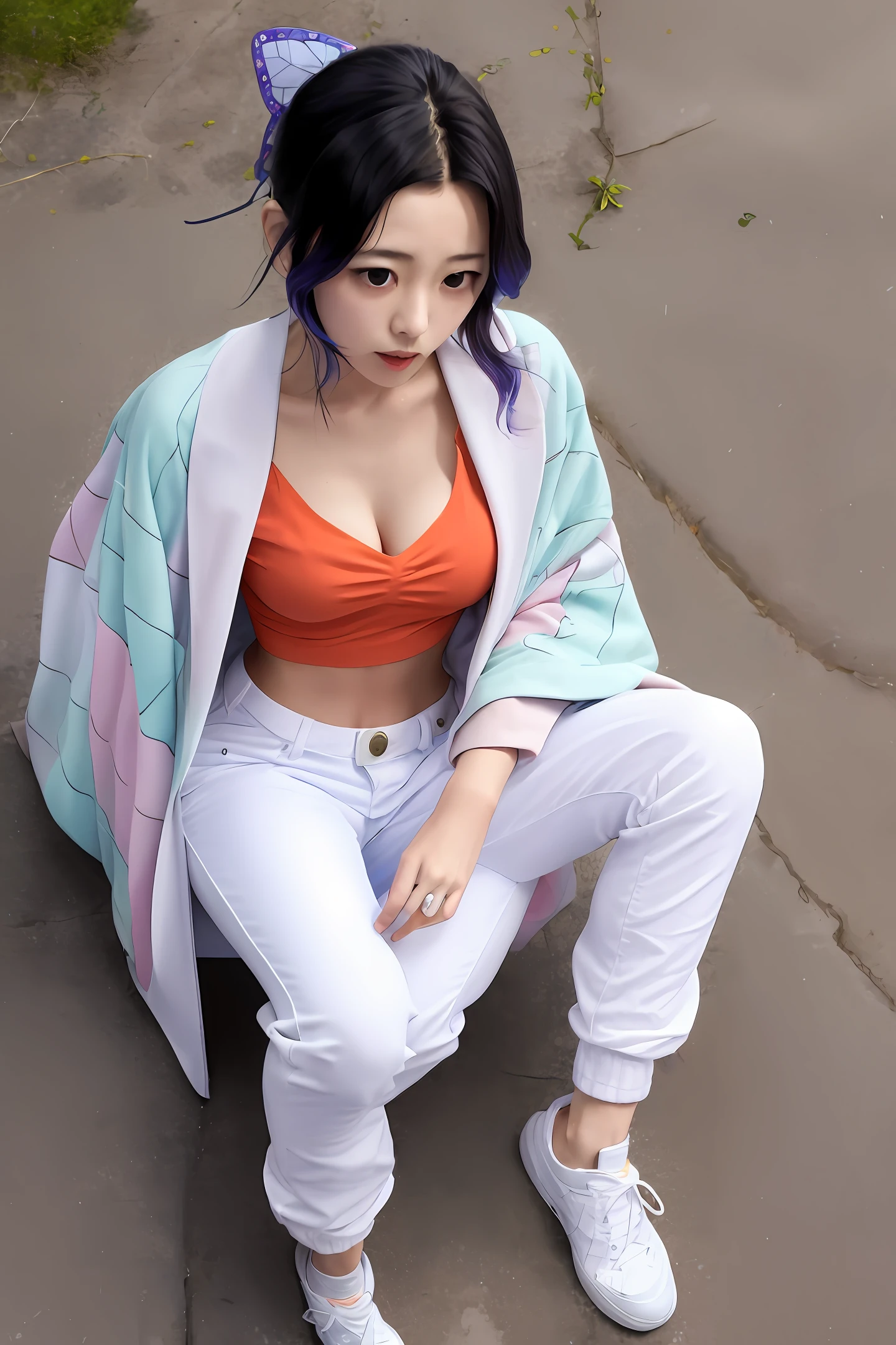From above, Solo, 1girll, kunieda aoi, Serious, Closed mouth, holding wooden sword, Blue hair, Open clothes, Coat, (Arashi:1.1), White pants, White footwear, midriff, cleavage，force