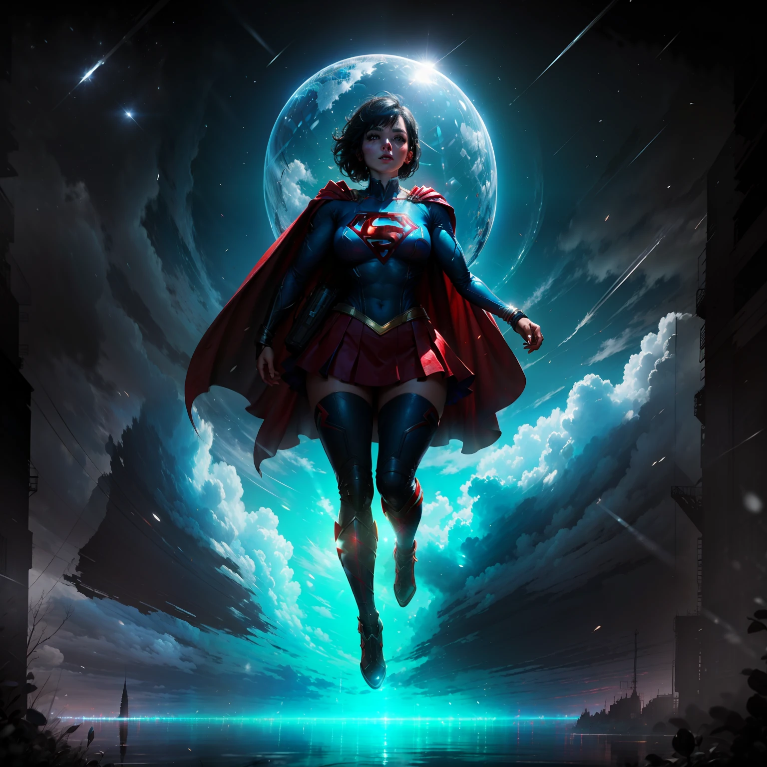 Supergirl, adult woman with short black hair, supergirl cosplay, floating in the air, long red cape on the back, perfect and gorgeous face, unreal engine 5, 8k.