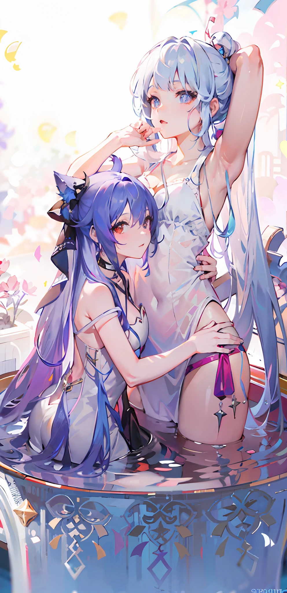 anime girl in a white dress sitting in a bowl with a cat, author:Shitao, Anime moe art style, azur lane style, WLOP and Sakimichan, Anime goddess, A scene from the《azur lane》videogame, zerochan art, seductive anime girls, pixiv contest winner, from touhou, nightcore, 《azur lane》role