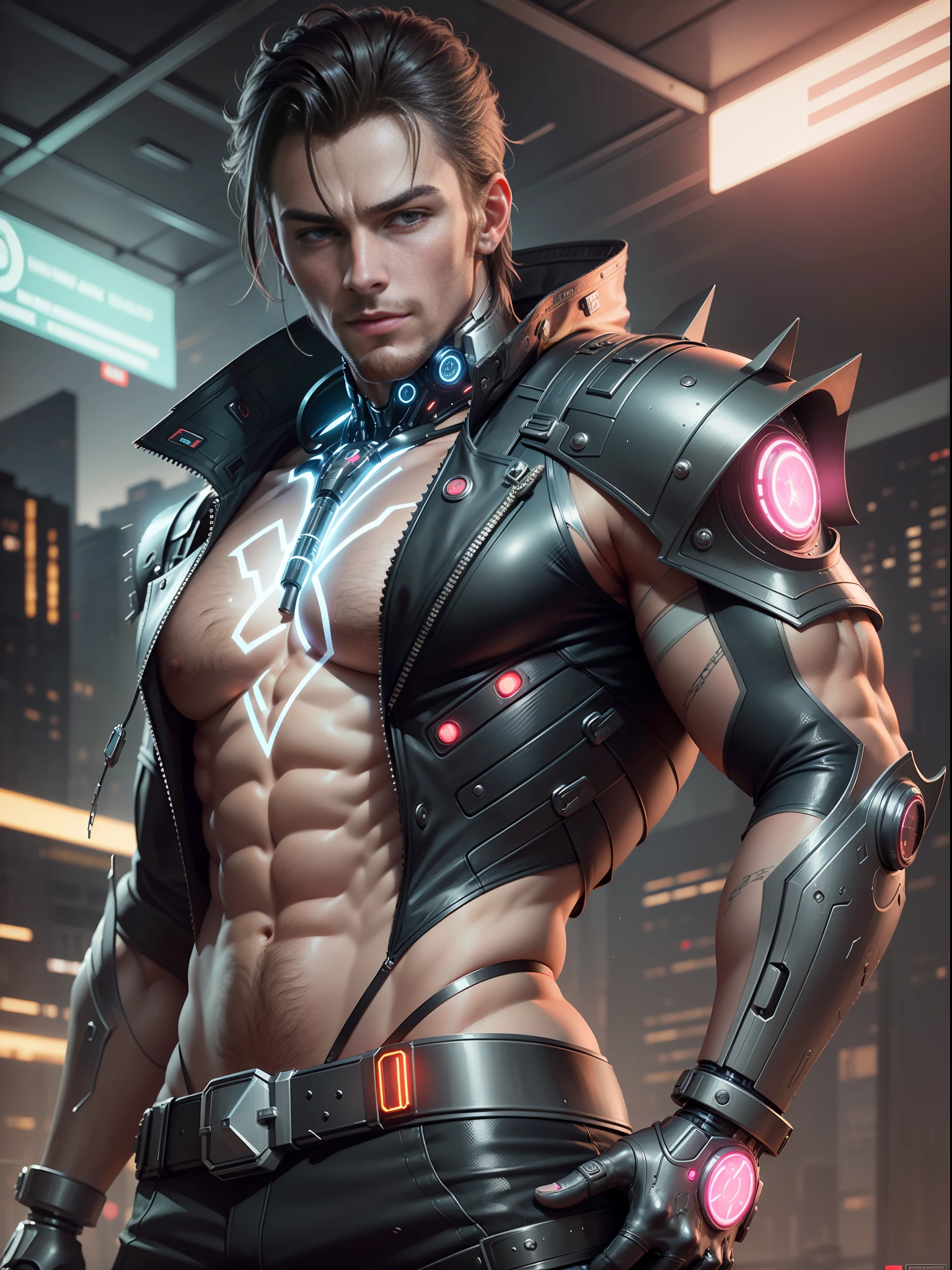 (Masterpiece, High Definition, Ultra High Definition, 4K, ) (hyper-realistic digital illustration)  A handsome time traveling man in a cyberpunk setting. It should be portrayed with a futuristic and stylish appearance, combining elements of advanced technology and cybernetic aesthetics. Hairy, muscular chest, Use bright neon colors and metallic accents to emphasize your sophisticated look.