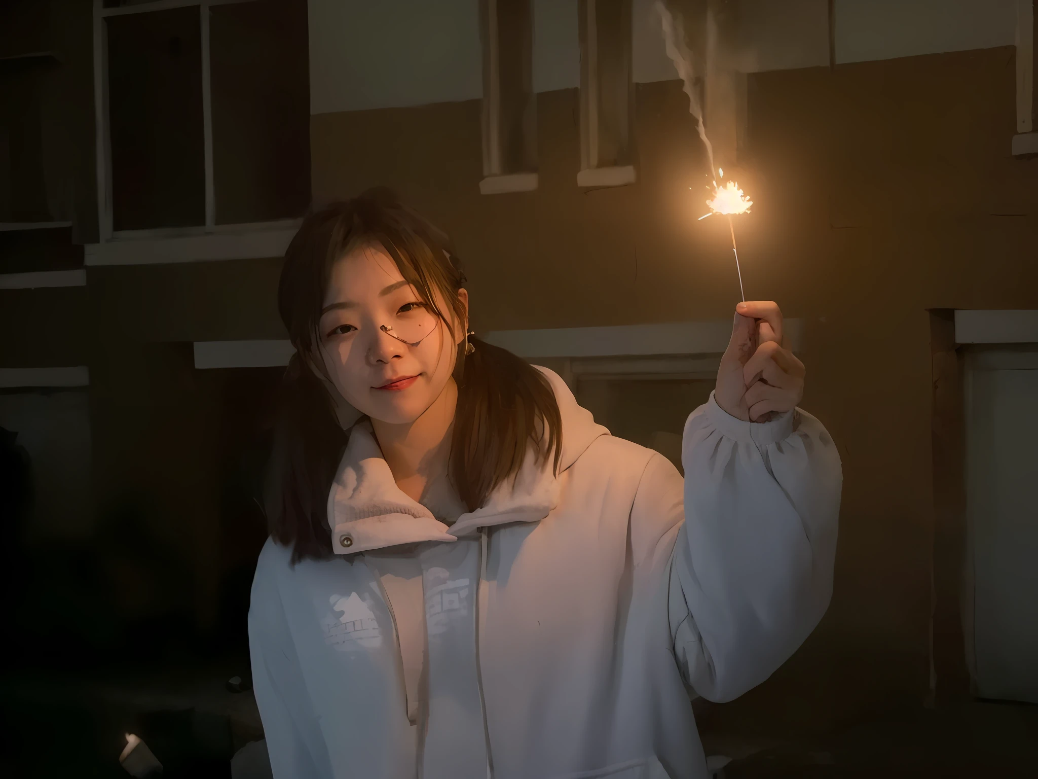 woman holding a sparkler in her hand in front of a building, holding a torch, With fire, Profile picture, chiho, fire works, torch - lit, [ fireworks in the sky ]!!, shot with a camera flash, photo taken at night, fire works, fireball lighting her face, very very low quality picture, holding a candle, lofi-girl