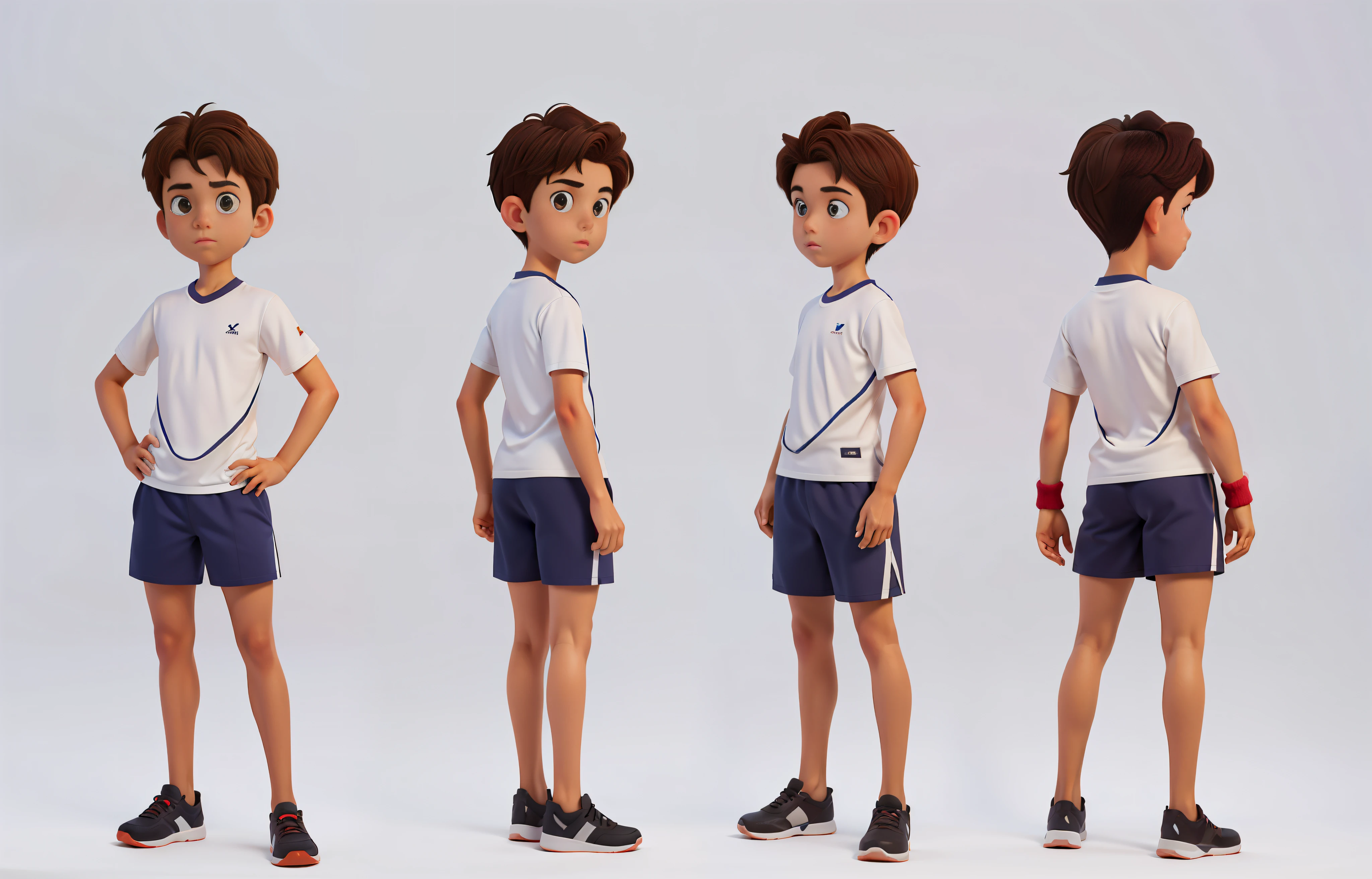 "(( obra-prima )), melhor qualidade, incredibly detailed illustration, mesmo personagem (corpo inteiro + Character Design Reference with Head, costas e laterais), Estilo anime, cabelo castanho, shorts vermelhos, camiseta preta, Men's tennis, fundo branco, ******, ******.