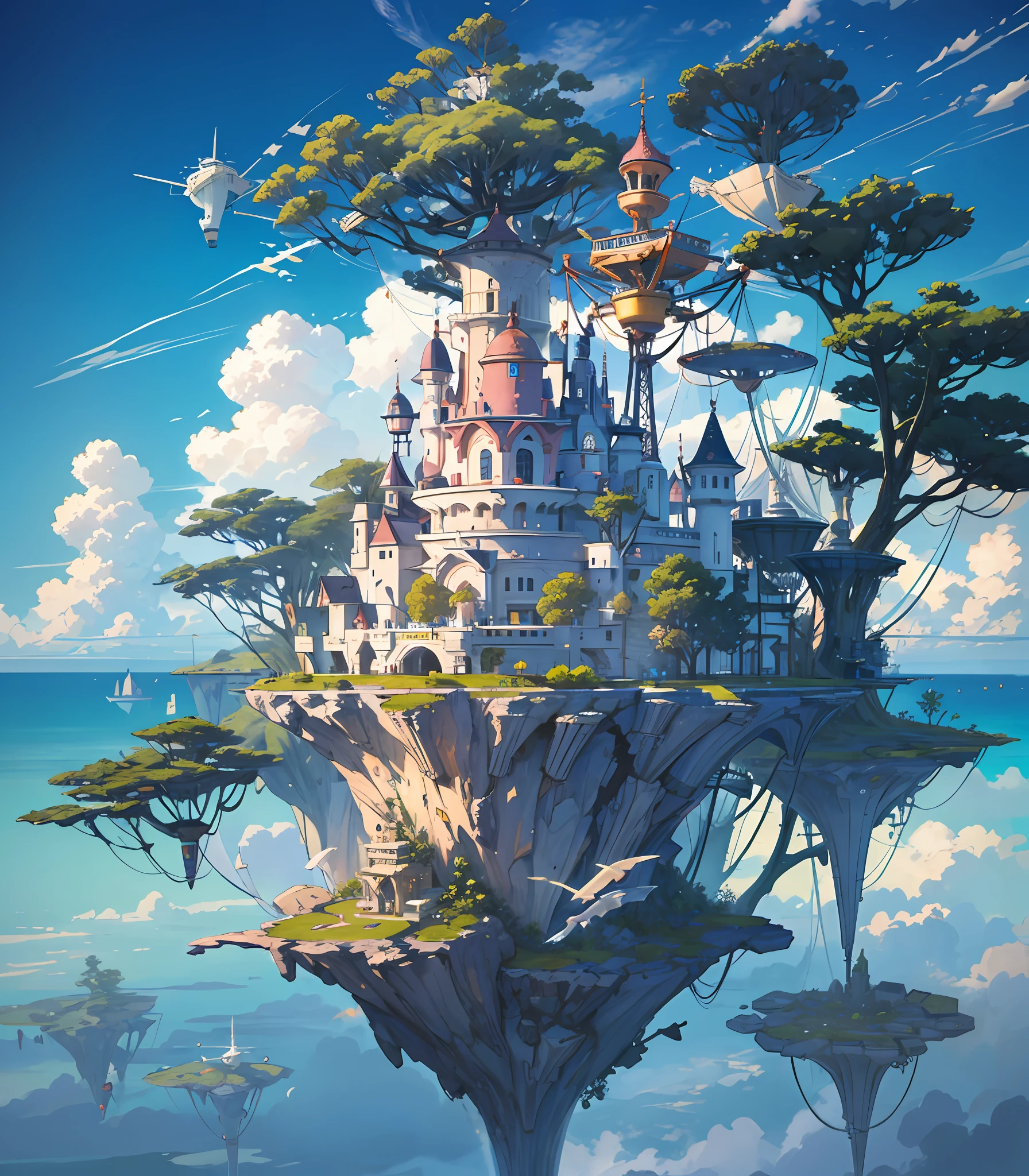 Many islands are suspended in the air，Many small airships flew around，oras，fanciful，Amazing plant growth，The radiant princess lives，extremy detailed，realistic raytraicing，Epic composition，（Complicated details），（Complex design，hyper-detailing：1.2），art stations， （tmasterpiece，best qualtiy），The ultra -The high-definition，32k --v 6