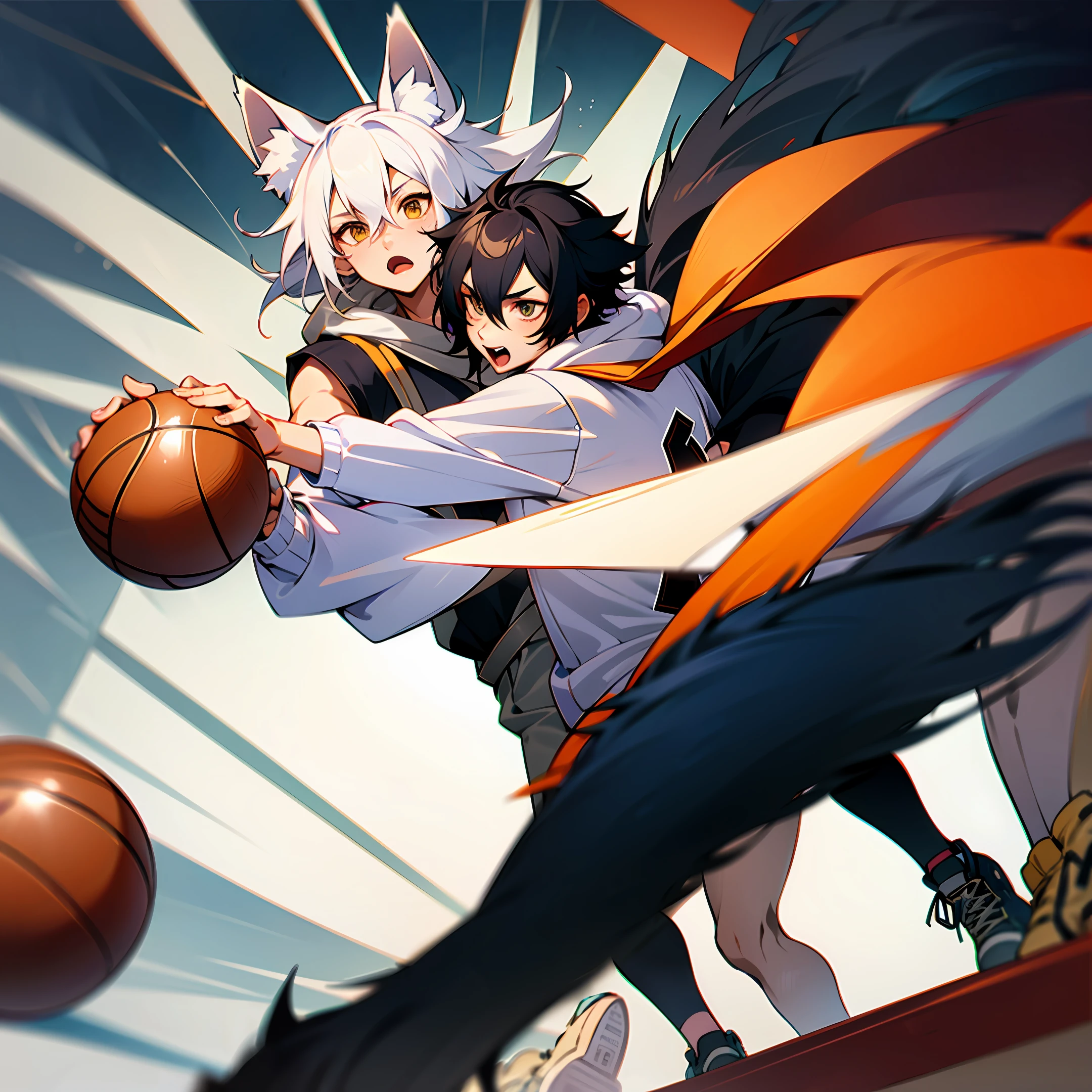 Broken mirror in the background,Two different people symmetrical,All male,Wolf ears,Wolf tail,Opposites sideways,Two-dimensional furry,A black hair,A white hair,Warm sweatshirt,Basketball shoes